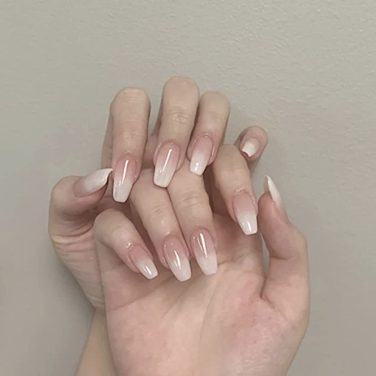 Bufenia Glossy Ballerina Press on Nails - 24Pcs Coffin Fake Nails with Gradient French Tips, White Square Acrylic Full Cover False Nails for Women & Girls - Perfect for Parties, Weddings, and Daily Wear