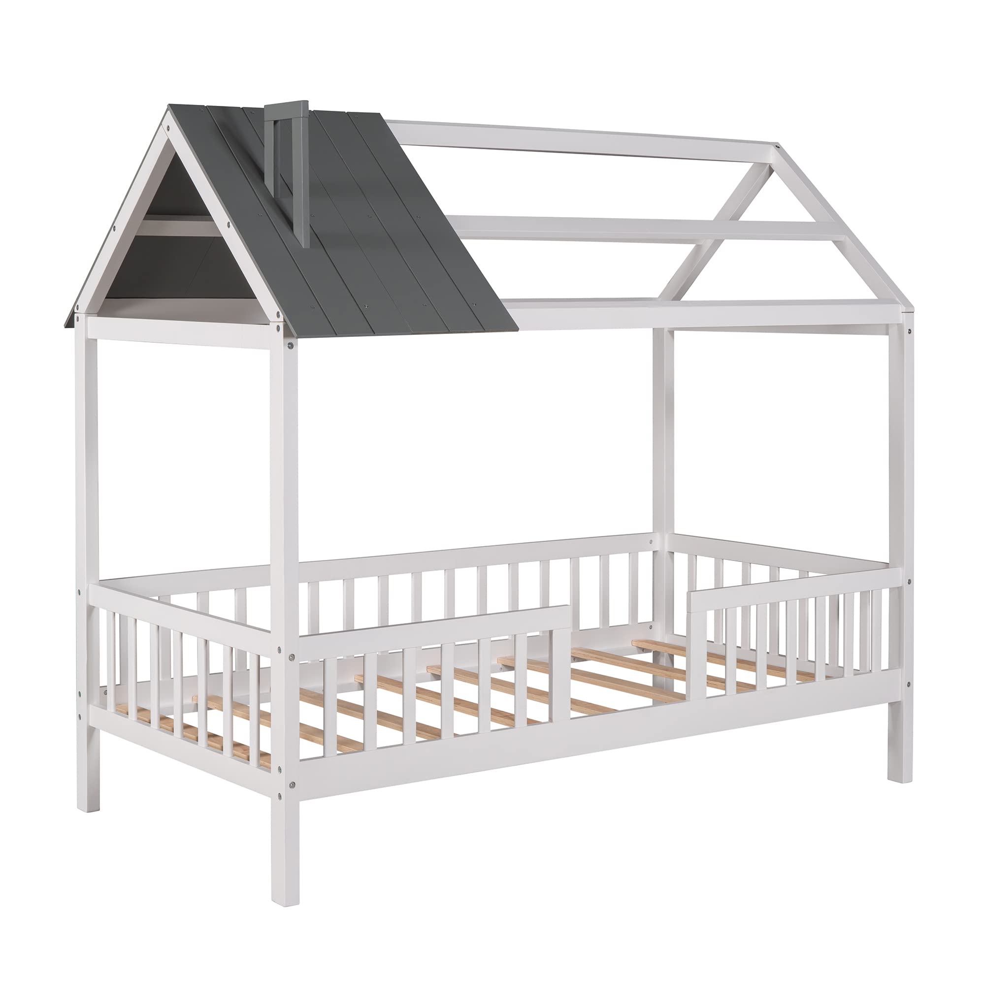Bellemave Twin House Bed for Kids - Montessori Playhouse Bed Tent with Solid Wood Frame, Safety Fence & Roof - Perfect for Boys & Girls Bedroom (White+Gray) | Ideal for Playtime, Naptime & Imaginative Play