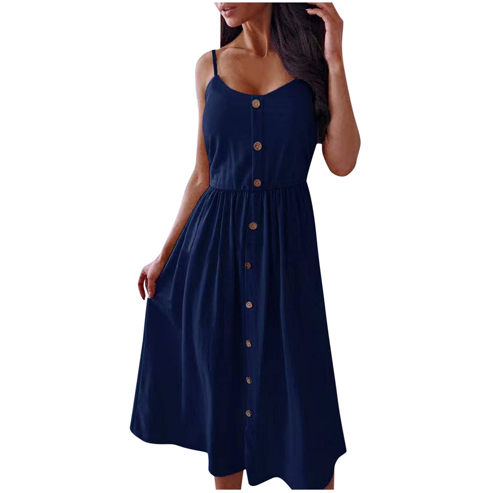 Women's Summer A-Line Linen Dress - Casual Camisole Midi Dress with Buttons, Gothic Style Beach Dress for Women | Perfect for Vacation, Date Night & Boho Fashion Outfits
