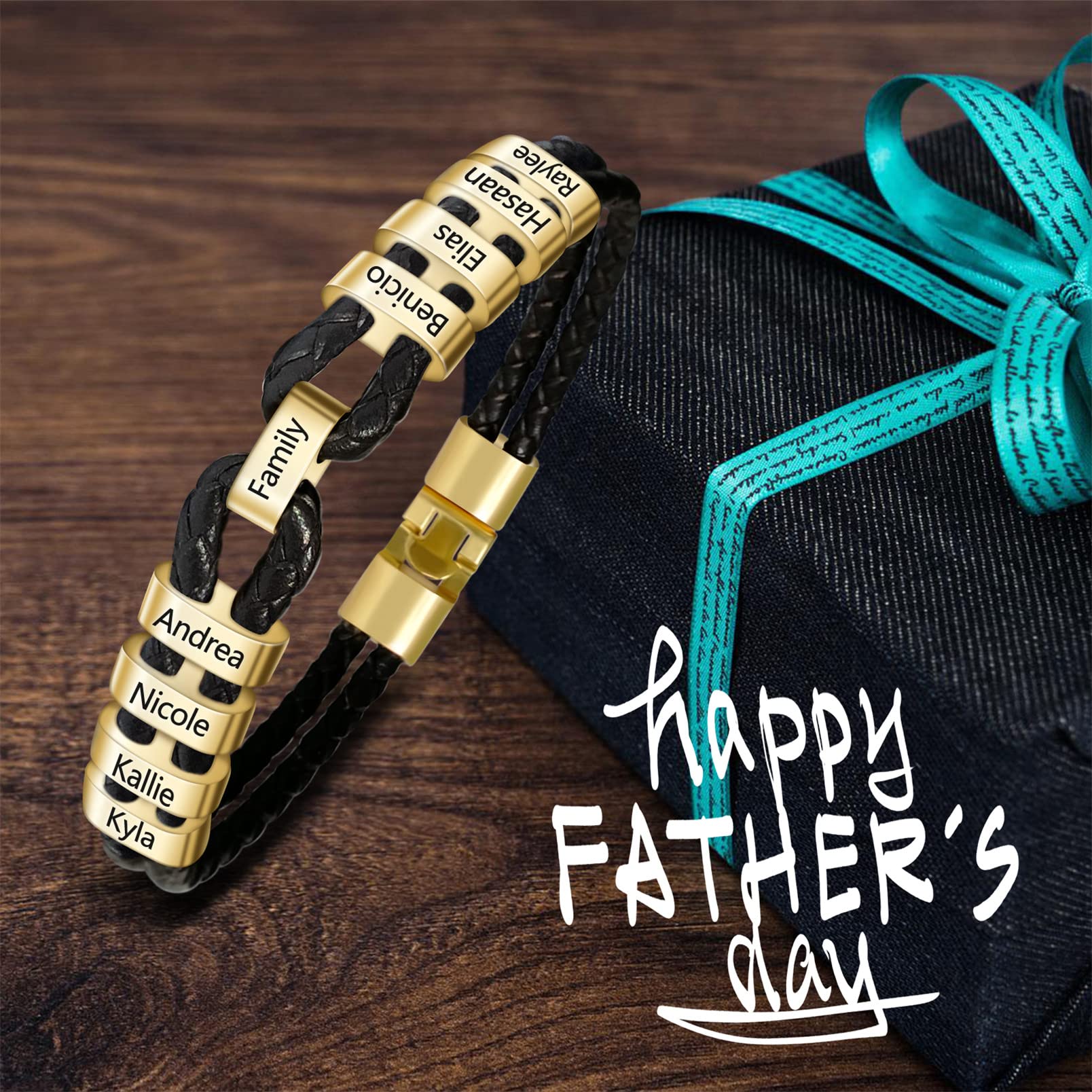 Custom Engraved Leather Bracelet for Men - Personalized Name Beads with 2-9 Names - Father's Day Gift for Dad, Husband, Grandpa - Perfect for Family Reunions, Weddings & Special Occasions