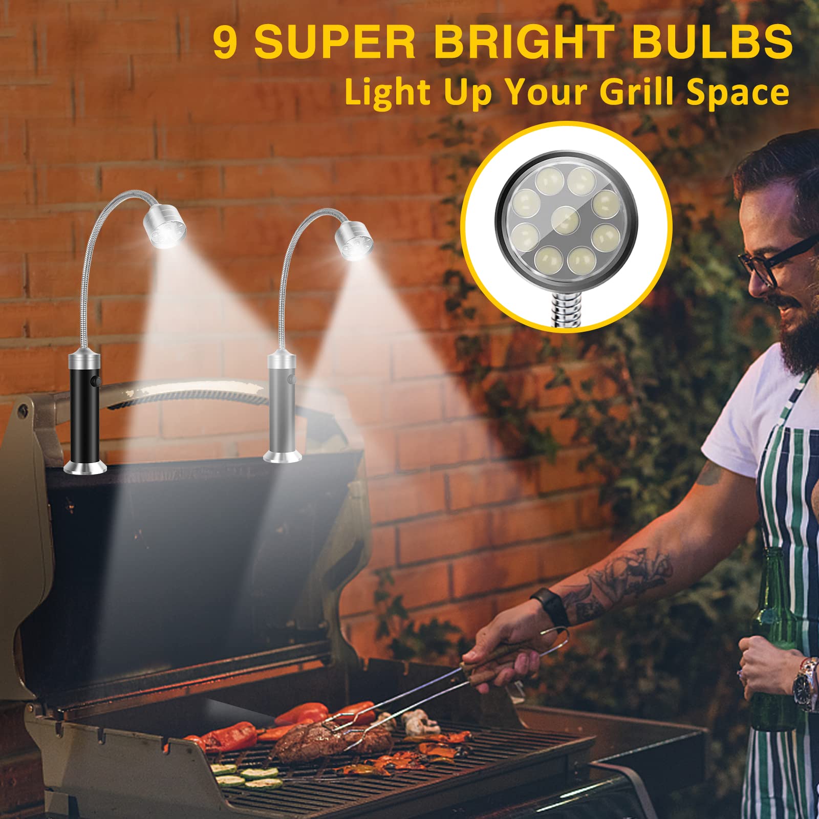 **Super Bright LED BBQ Grill Lights with Magnetic Base - 360° Flexible Gooseneck for Outdoor Cooking - Perfect Grilling Gifts for Men & Dad (Pack of 2) - Ideal for Backyard BBQs, Camping & Nighttime Grilling**