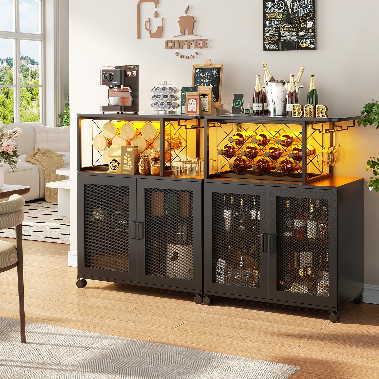 Premium Rolling Bar Cart with LED Lights & Power Outlets - Mobile Liquor Cabinet with Wine Rack & Glass Storage - Ideal for Home Bars, Kitchen, Dining Room & Living Room - Elegant Black Finish