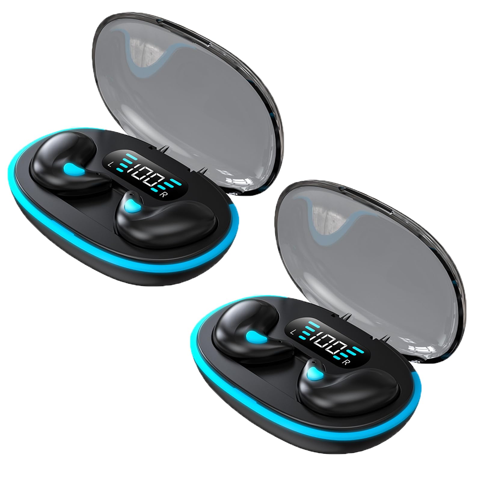 Wireless Bone Conduction Sleep Headphones Bluetooth 5.3, Noise Cancelling Sports Earbuds with LED Digital Display Charging Case - Perfect for Running, Gym, Work & Travel (Black, 2-Pack)