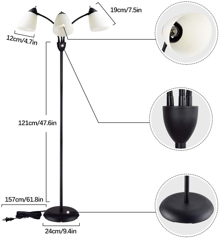 Modern Adjustable Floor Lamp with 3 Flexible Gooseneck Lights - Black Metal Base & White Shades for Living Room, Bedroom, Office - Perfect Reading Light for Home & Workspace