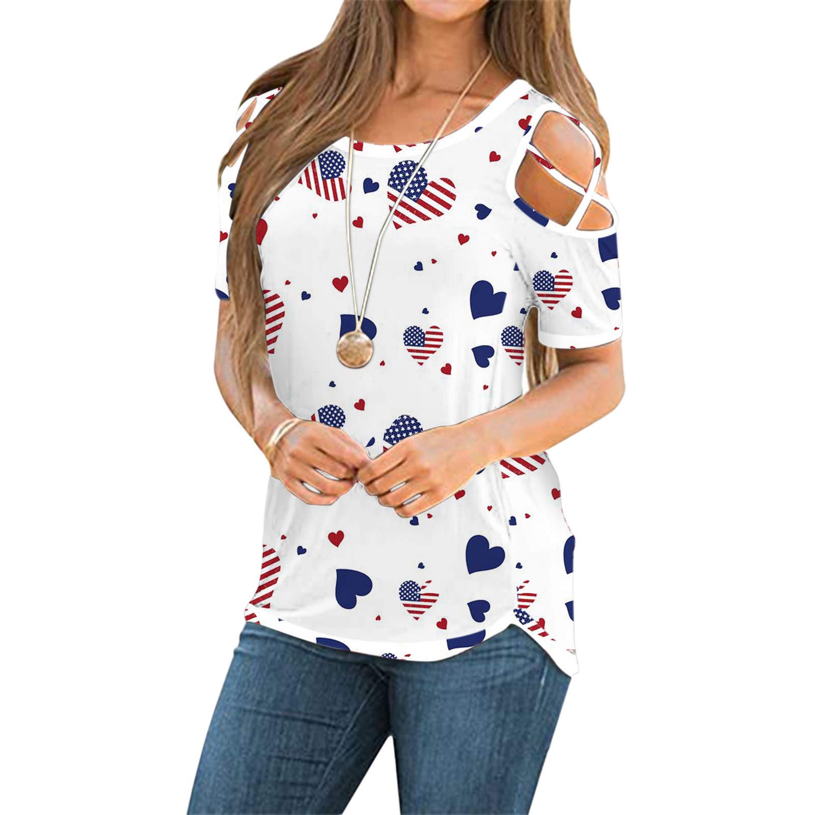 4th of July Patriotic Women's Short Sleeve Strappy Cold Shoulder T-Shirt - American Flag Print Blouse for Independence Day Party, BBQ & Summer Festivals