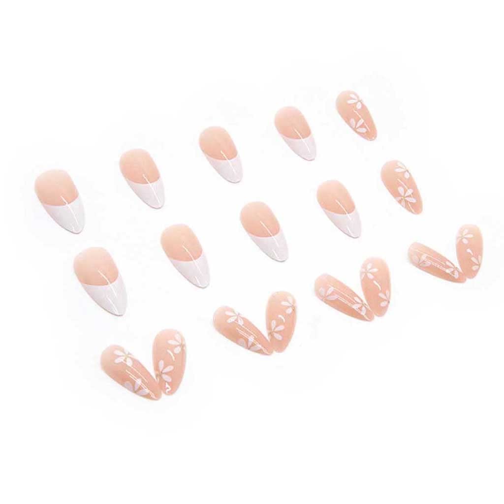 White Press on Nails Medium Length - Floral French Tip Fake Nails for Women | Almond Shaped Acrylic Nails | Perfect for Weddings, Parties & Everyday Wear