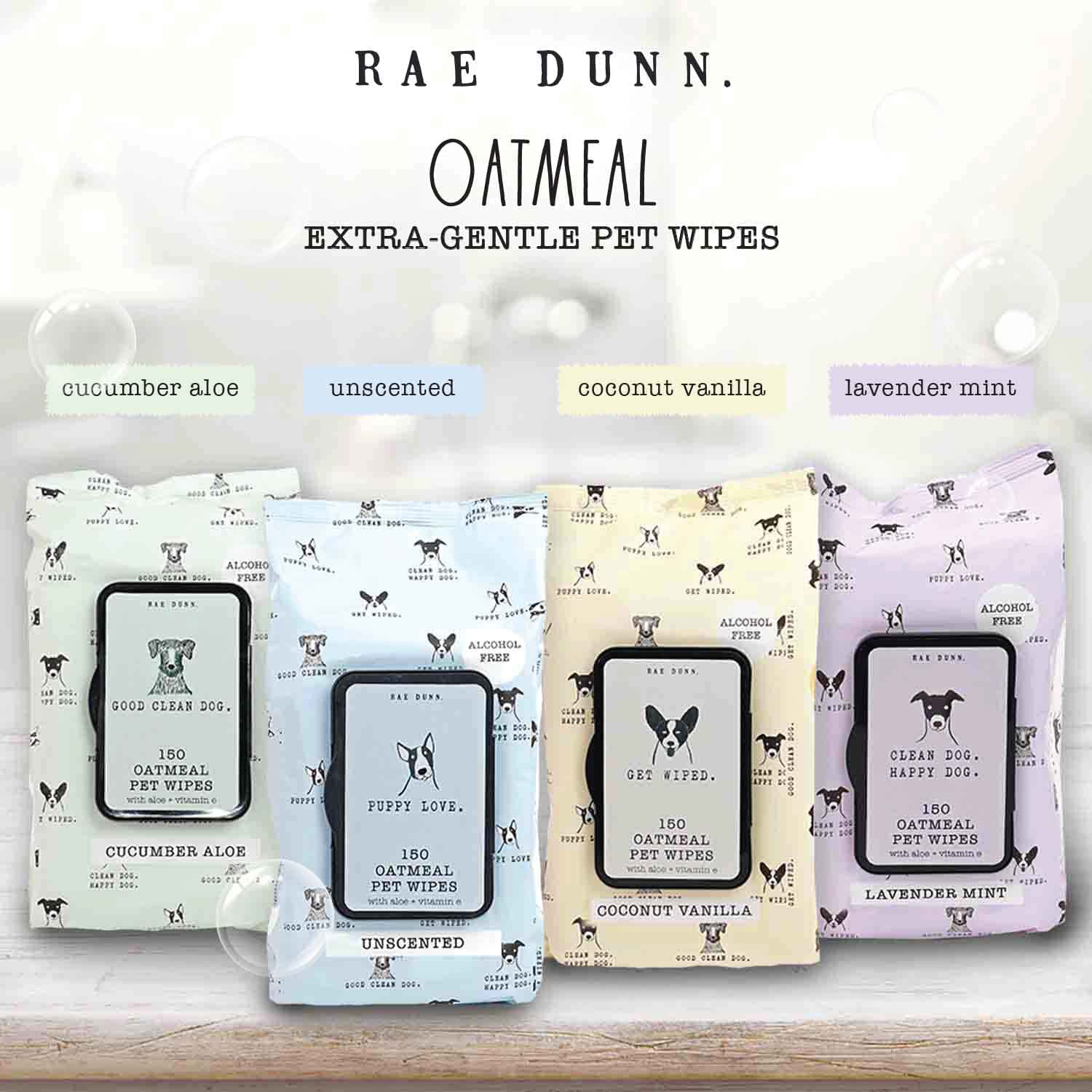 Rae Dunn Oatmeal Pet Wipes for Dogs & Cats - Alcohol-Free with Aloe Vera & Vitamin E, Lavender Mint Scented, 150 Count - Gentle Cleaning for Paws, Face & Fur After Walks or Grooming