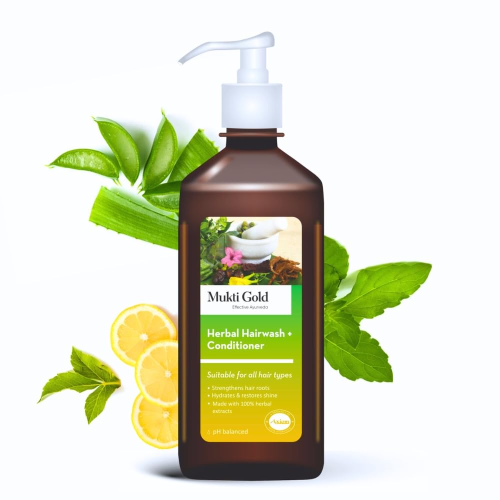 Axiom Mukti Gold Herbal Hair Wash & Conditioner Set - Anti Hair Fall, Moisturizing for Dry & Frizzy Hair - Paraben & Sulfate Free - Suitable for All Hair Types - 400ml - Perfect for Daily Hair Care & Salon-Like Treatment at Home