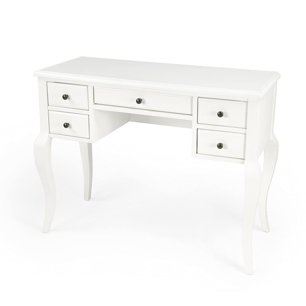 Acacia Wood Writing Desk with MDF & Birch Veneers - Cottage White Home Office Desk for Small Spaces, Study & Workstation