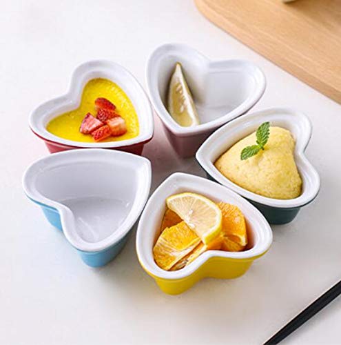 Heart-Shaped Porcelain Ramekin Bowls - Set of 4 Souffle & Crème Brûlée Dishes for Baking (Red/Green/Blue/Pink/Yellow) | Perfect for Desserts, Appetizers & Romantic Dinners