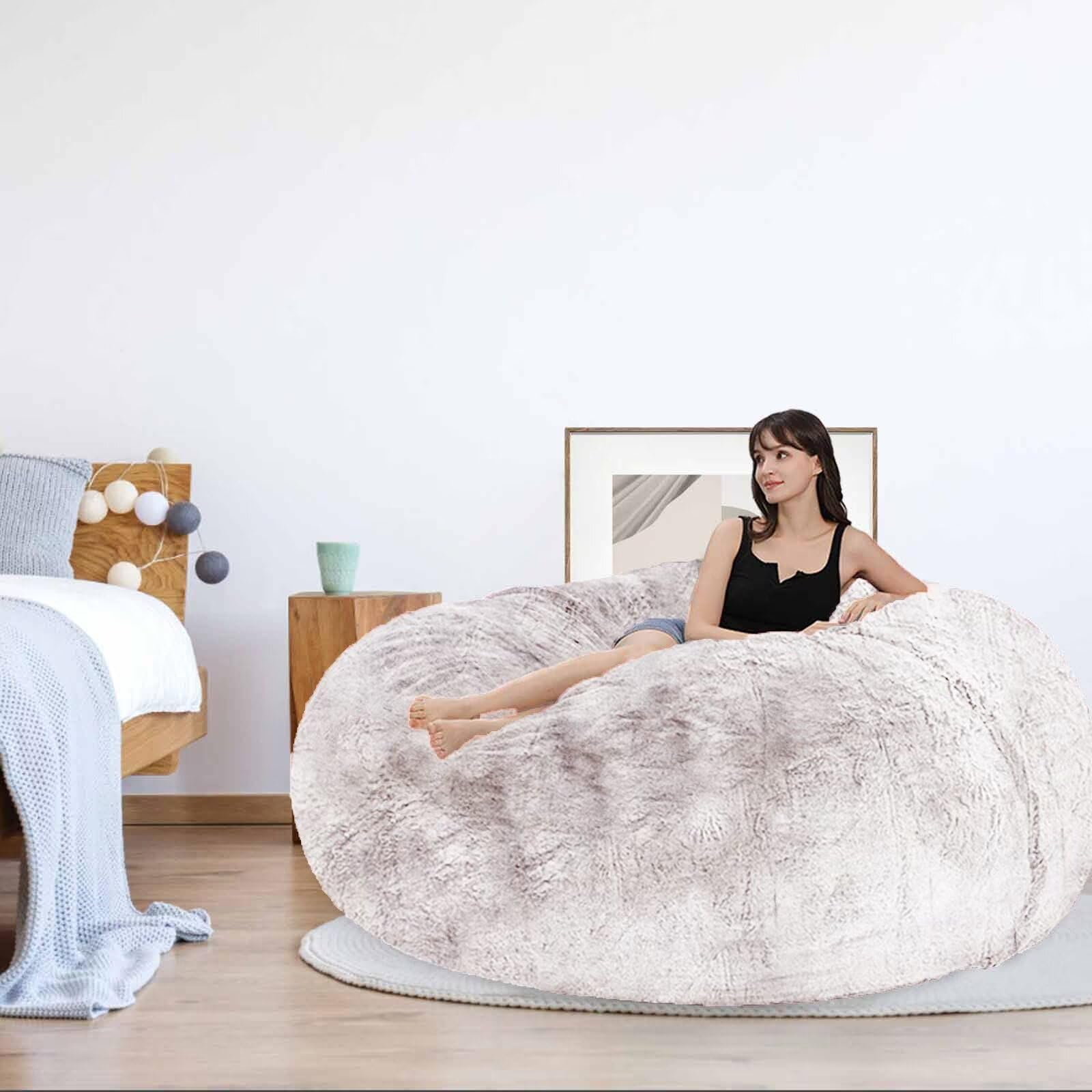 **6FT Giant Fluffy Bean Bag Chair for Adults & Kids - Comfy Round Lazy Sofa Cover Without Filling - Perfect for Reading, Gaming & Lounging - Black**