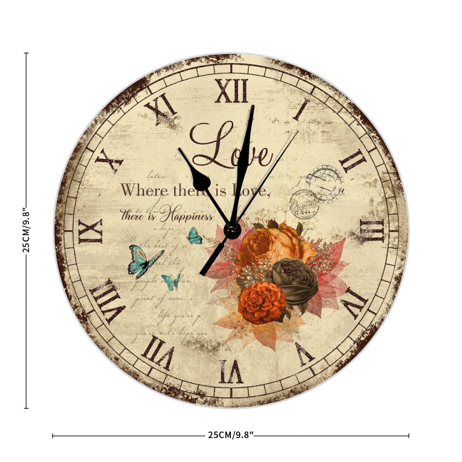 10 Inch Romantic Rose Sing for Love Wooden Wall Clock - Christian Floral Butterfly Design, Battery Operated Silent Non-Ticking - Perfect for Farmhouse, Home, Kitchen, Office, School & Bathroom Decor | Ideal for Wedding Gifts, Bedroom Accents & Living Room Wall Art