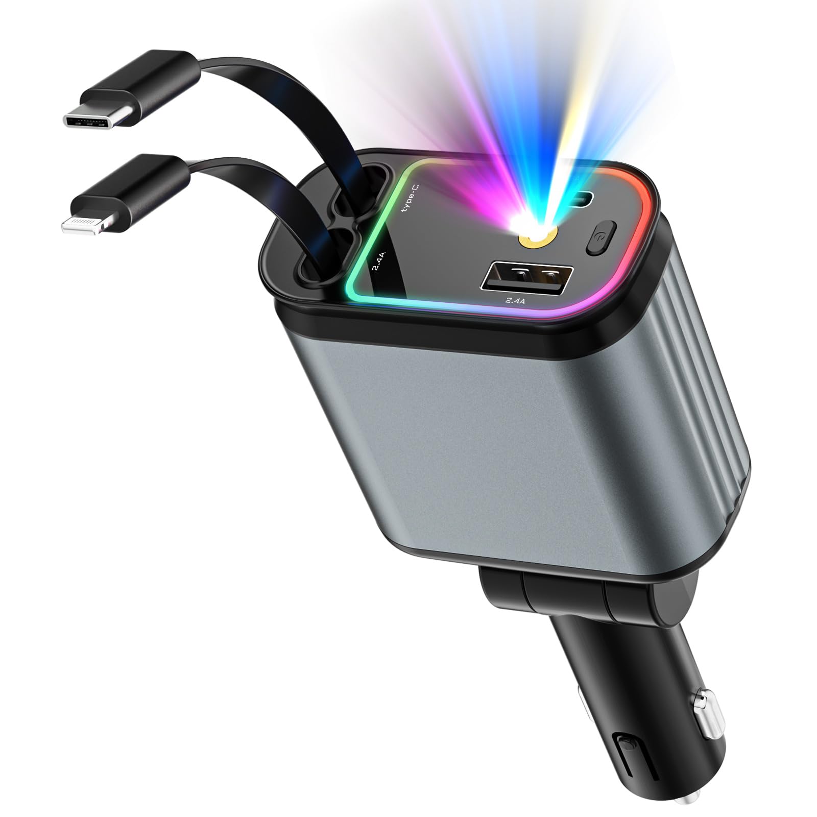 66W USB C Car Charger with Starlight - 4-in-1 Retractable Fast Charging Adapter with 2 USB Ports for iPhone 16/15/14/13/12/11 & Android Phones - Dark Grey - Perfect for Road Trips & Daily Commute
