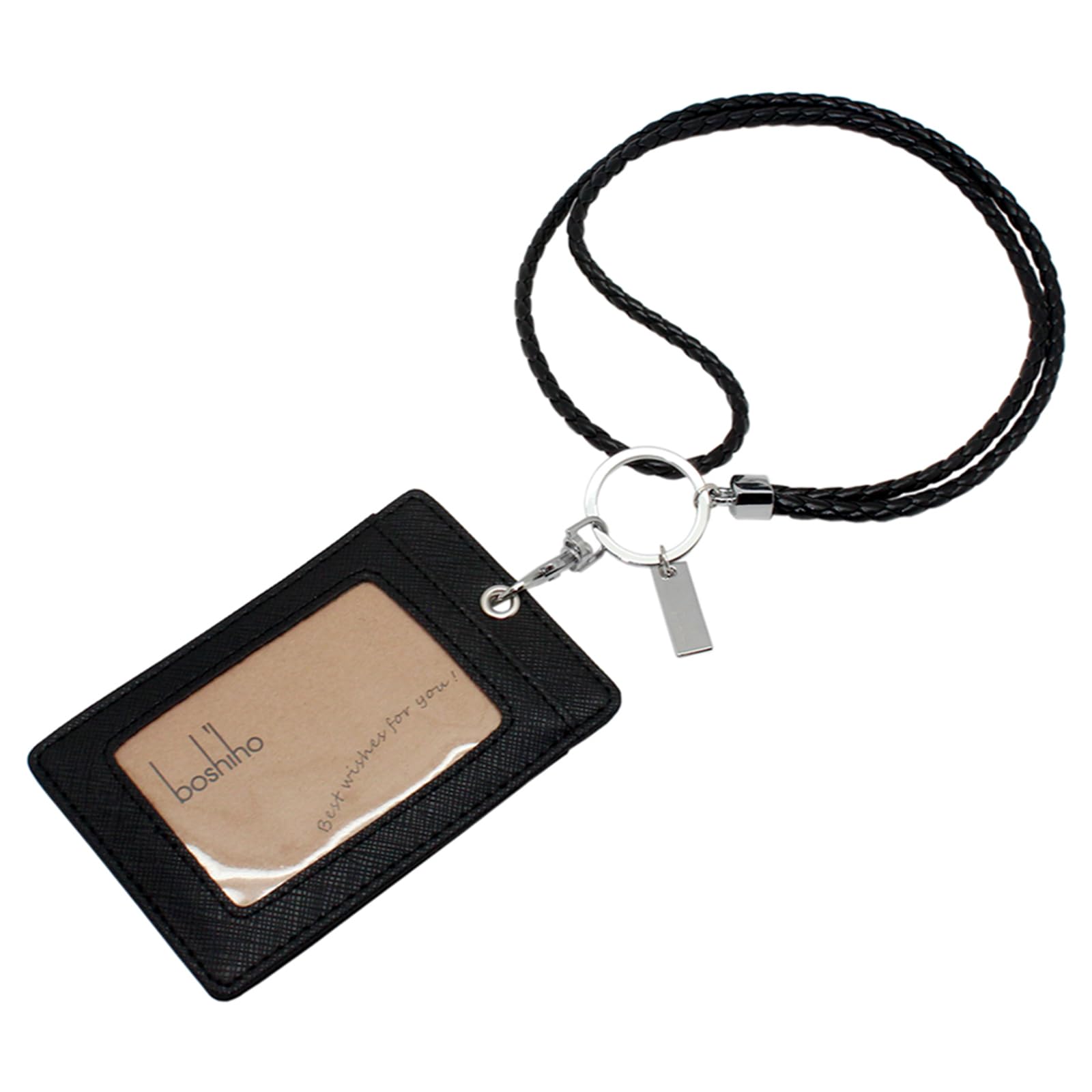 Boshiho Vertical Leather ID Card Badge Holder with Detachable Keychain Lanyard - Black | Professional Security Badge Holder for Work, Office, Events & Conventions