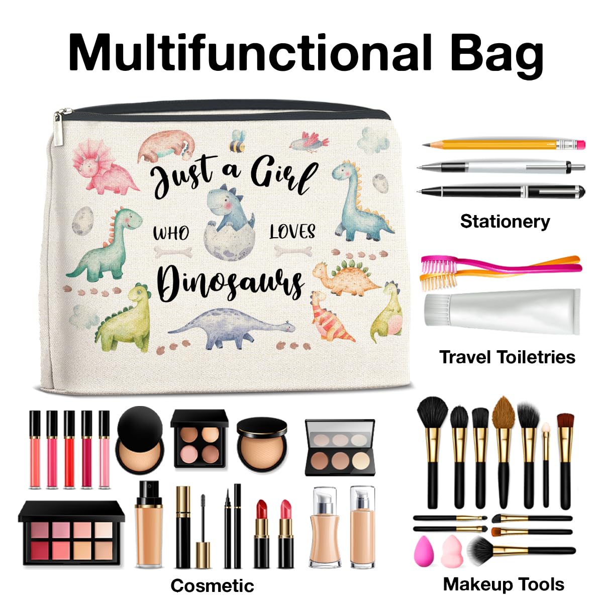 Dinosaur Makeup Bag for Women & Teens - Cute Dinosaur Lovers Cosmetic Pouch with Zipper - Perfect Gift for Dinosaur Enthusiasts - Great for Travel, School & Daily Makeup Storage