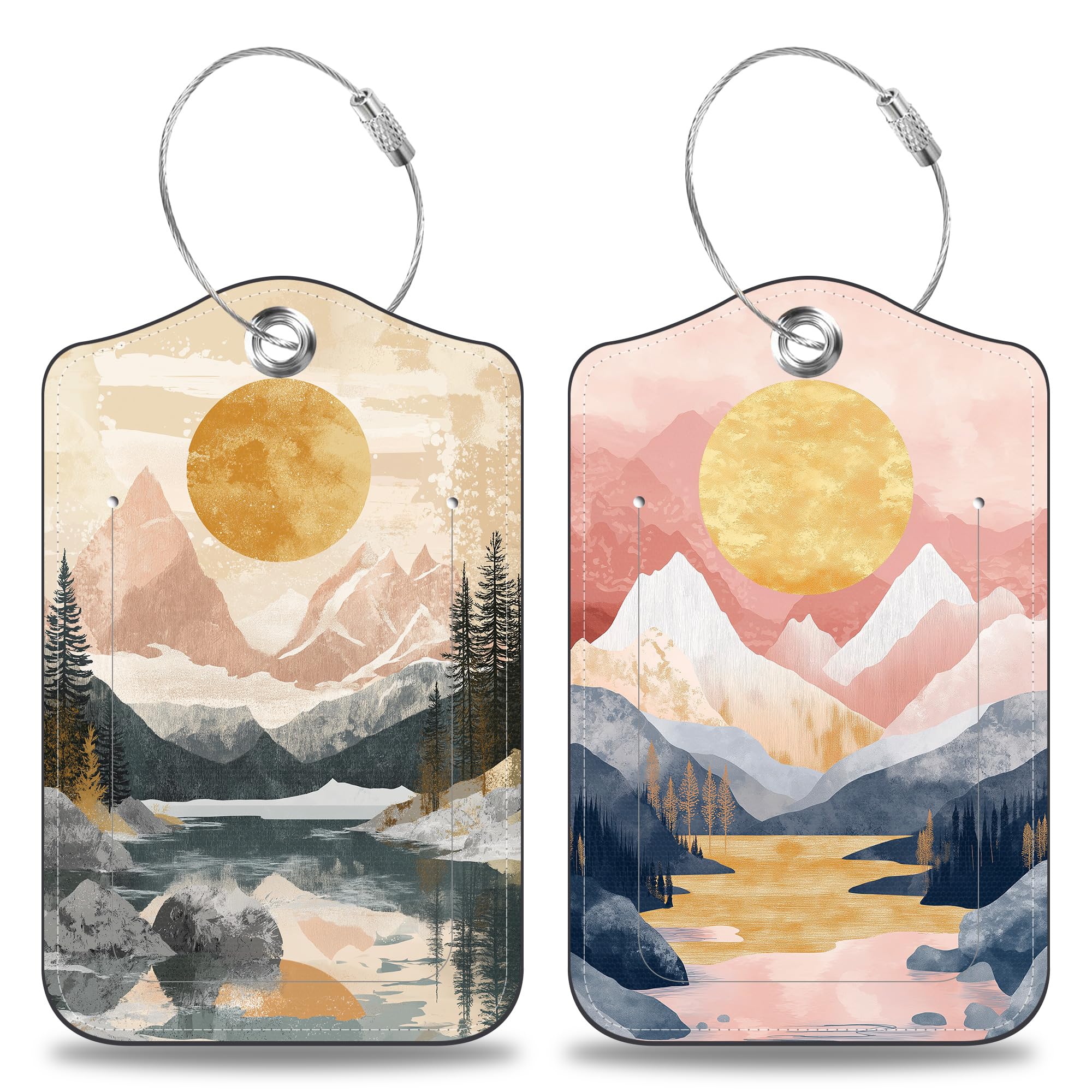 2 Pack Abstract Pink Mountain Sun Landscape Leather Luggage Tags with Privacy Cover, ID Label & Stainless Steel Loop - Durable Suitcase Tags for Travel Bags, Backpacks (Ideal for Women & Men Travel Accessories) - Perfect for Airports, Vacations & Business Trips