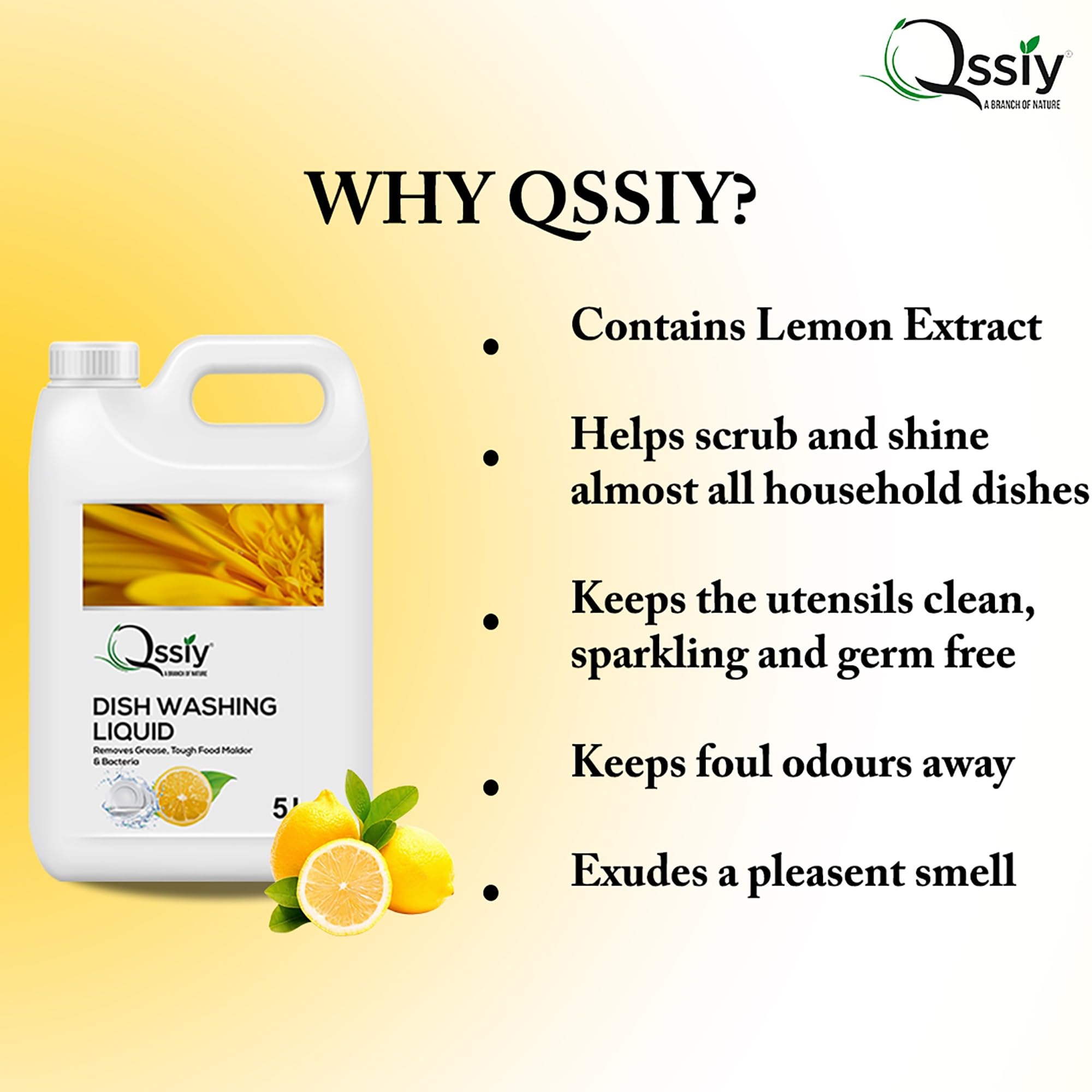 Qssiy Lemon Dishwashing Liquid Gel - 5L Large Refill for Dishwashers & Hand Washing | All-Purpose Cleaner for Pots, Pans & Kitchen Utensils | Fresh Lemon Scent | Ideal for Home, Restaurant & Commercial Use