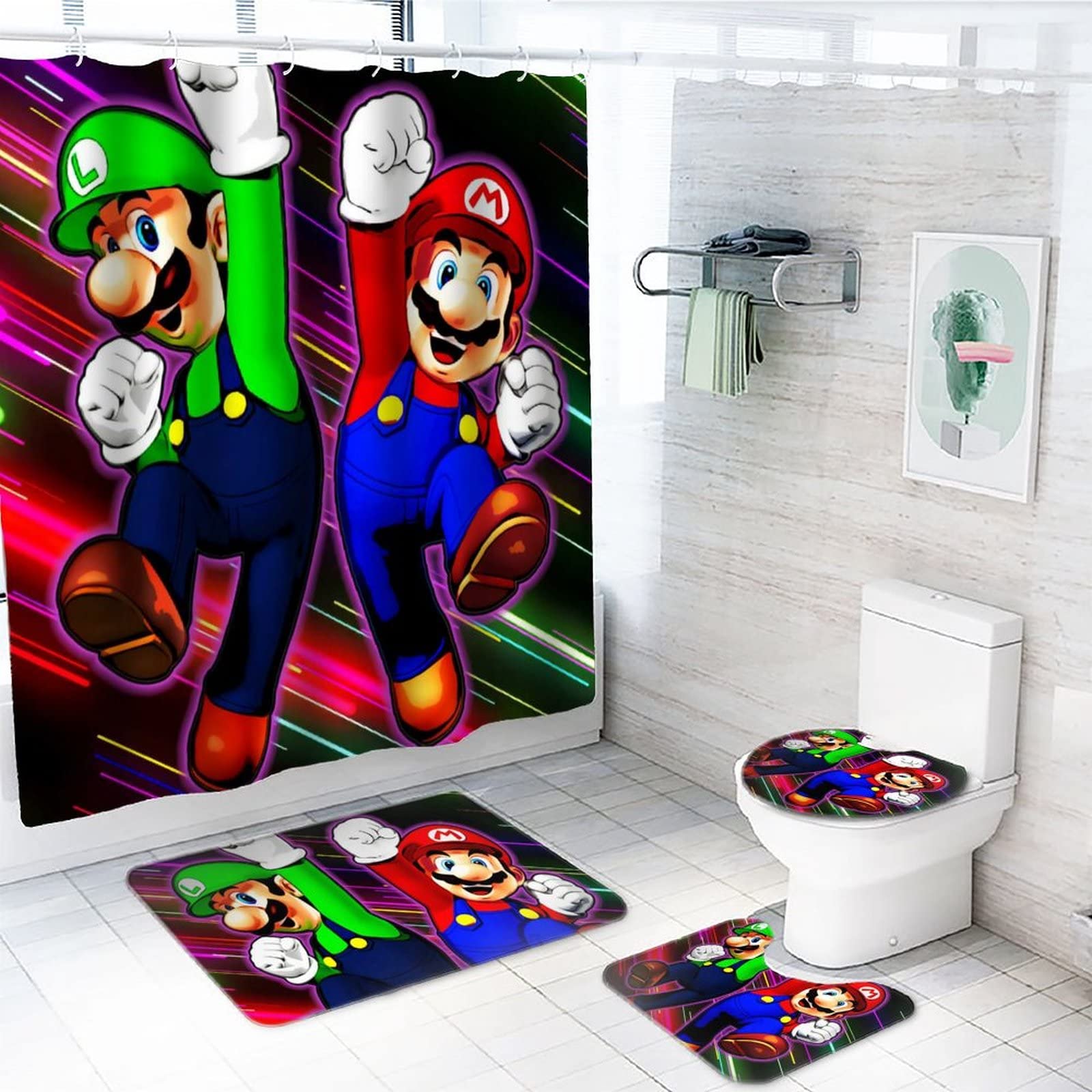 4-Piece Anime Shower Curtain Set with Non-Slip Bath Rug, Toilet Cover & Absorbent Mat - Waterproof Fabric Bathroom Decor with 12 Hooks (70.8