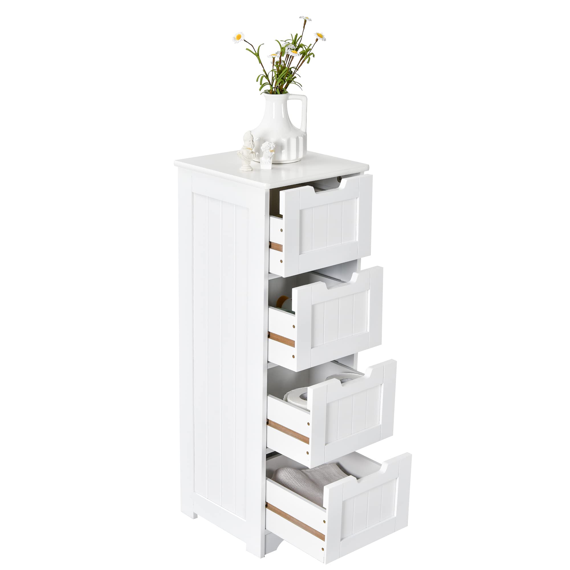LOKO 4-Drawer Floor Storage Cabinet with Anti-Tip Safety Device, Multifunctional Bathroom Cabinet for Living Room, Kitchen, Bedroom - 12 x 12 x 32 Inches, White | Space-Saving Organizer for Towels, Toiletries & Home Essentials