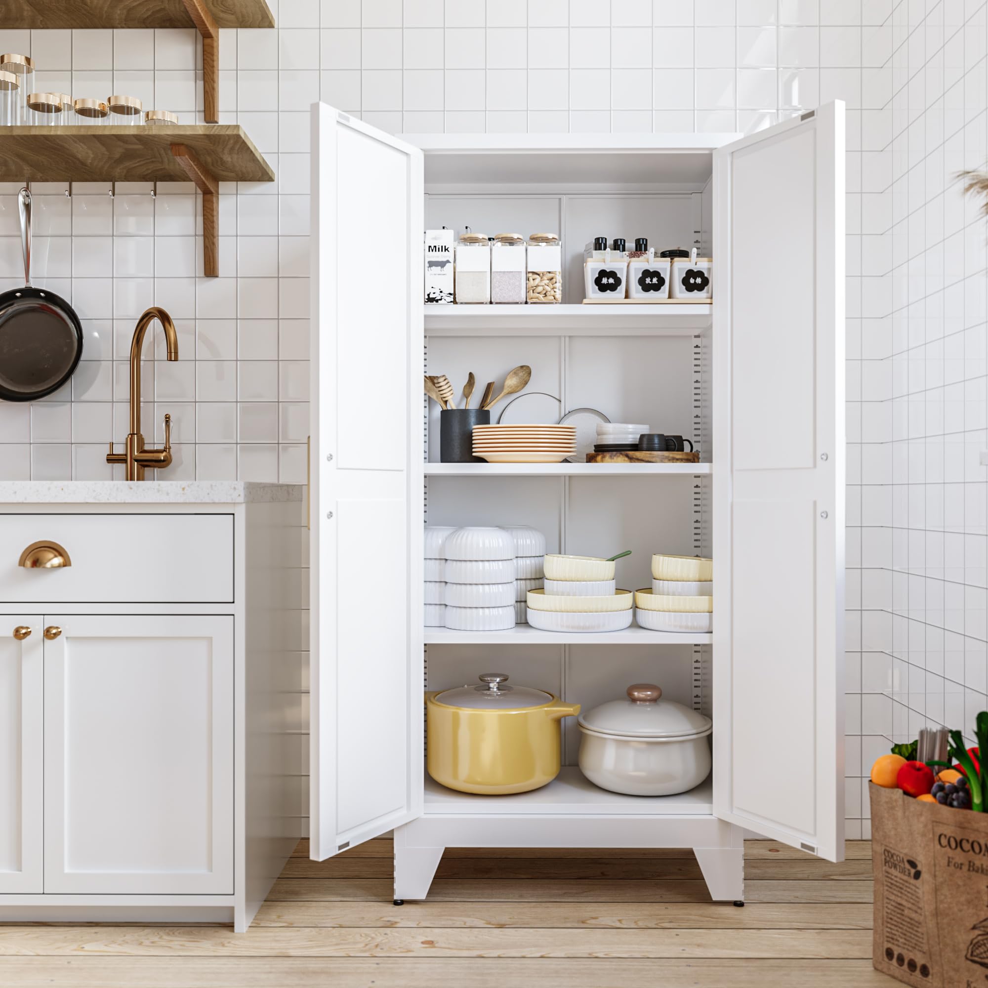 Farmhouse Style White Storage Cabinet with 2 Barn Doors & 3 Adjustable Shelves - 61