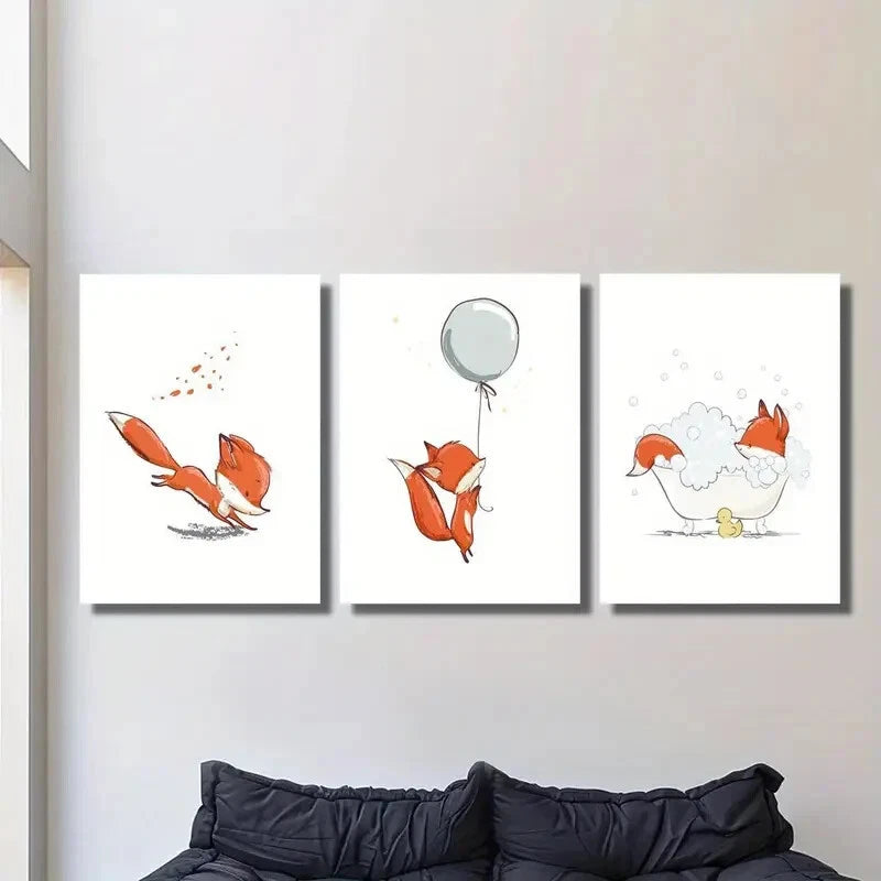 3-Piece Vibrant Cartoon Foxes Wall Art Set - Framed Canvas Prints 40x60cm | High Quality Australian-Made Home Decor | Perfect for Nursery, Kids Room & Playroom Decor