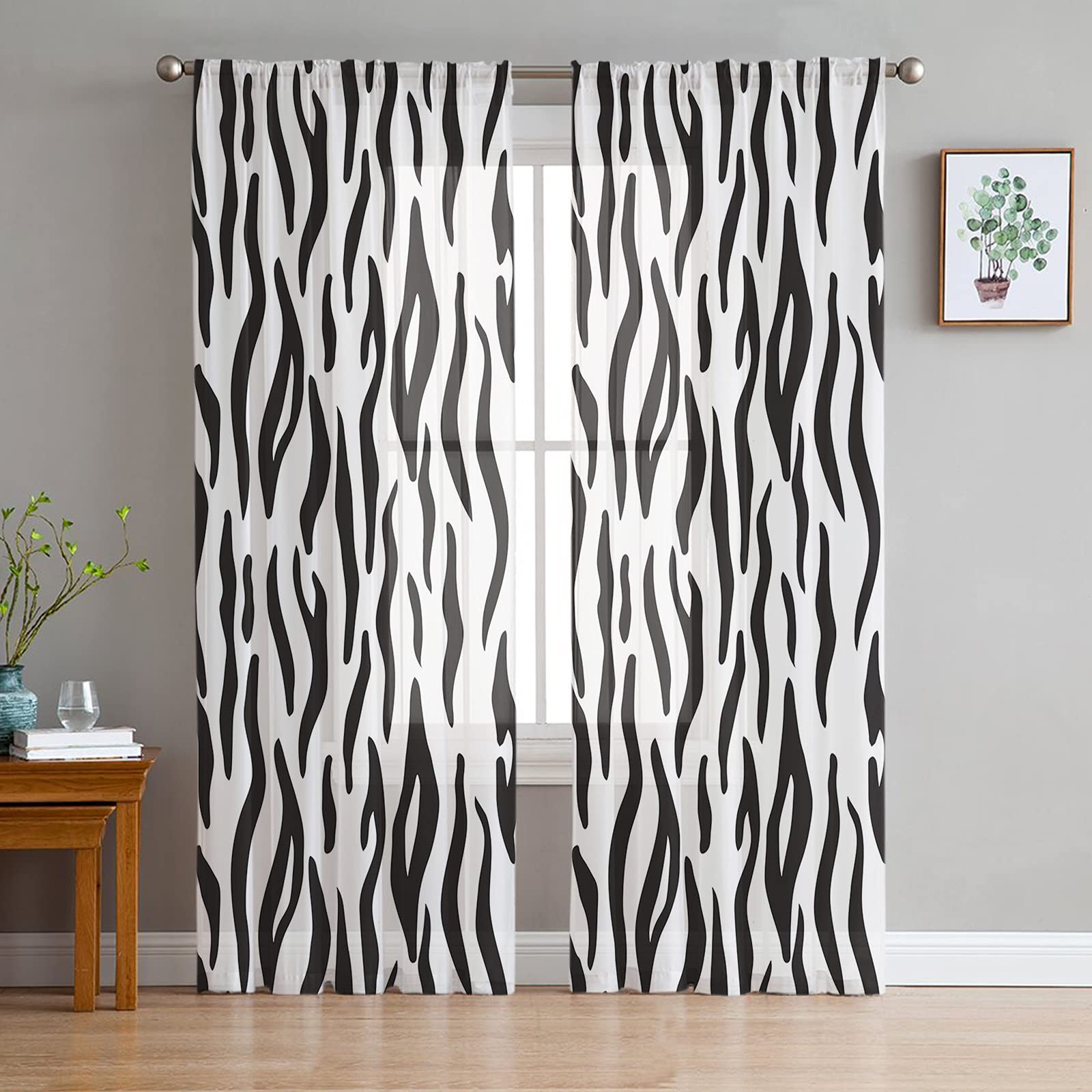 Black and White Zebra Print Semi-Sheer Curtains 52x72 Inch - Set of 2 Panels for Kitchen, Bedroom & Living Room | Modern Animal Print Window Drapes for Home Decor, Privacy & Light Filtering