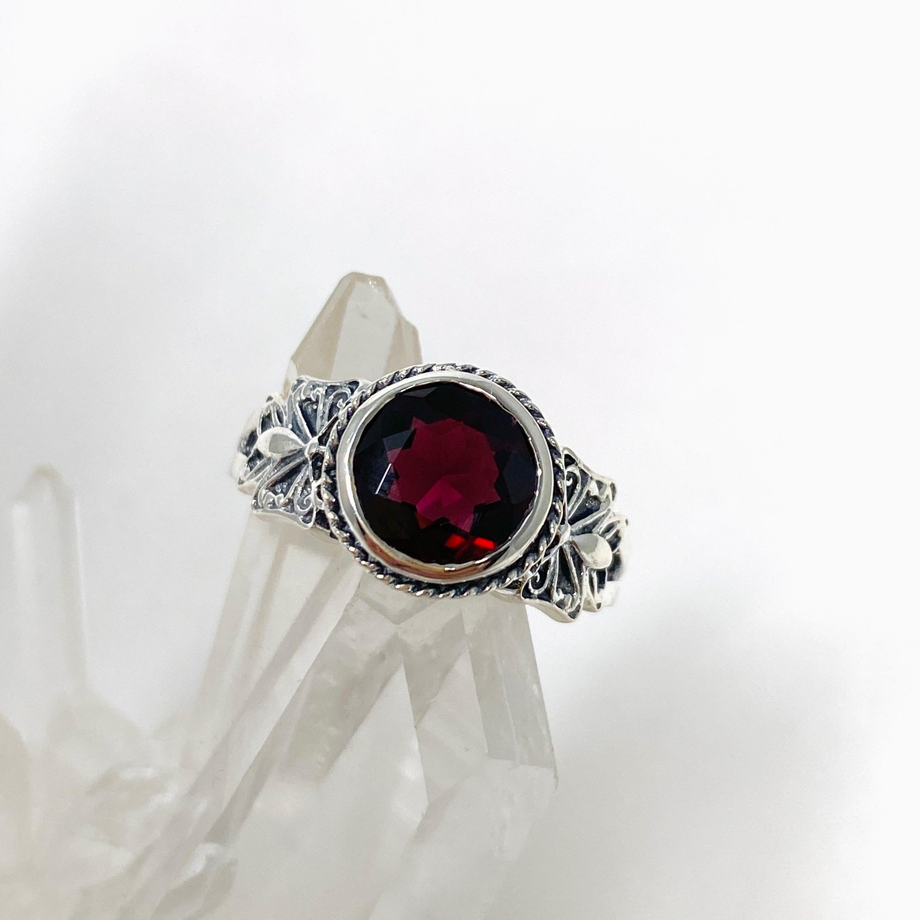 Garnet Faceted Round Ring in Elegant Decorative Setting R3671 - Perfect for Weddings, Anniversaries & Special Occasions