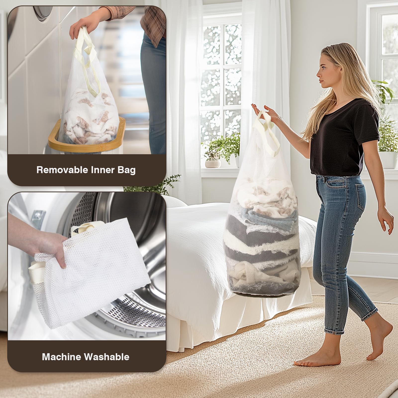 Slim Laundry Hamper with Lid - 60L Small Laundry Basket with Handles & Removable Bag - Space-Saving Dirty Clothes Hamper for Bedroom, Bathroom, Dorm - Beige Aesthetic Laundry Organizer for Home & Apartment