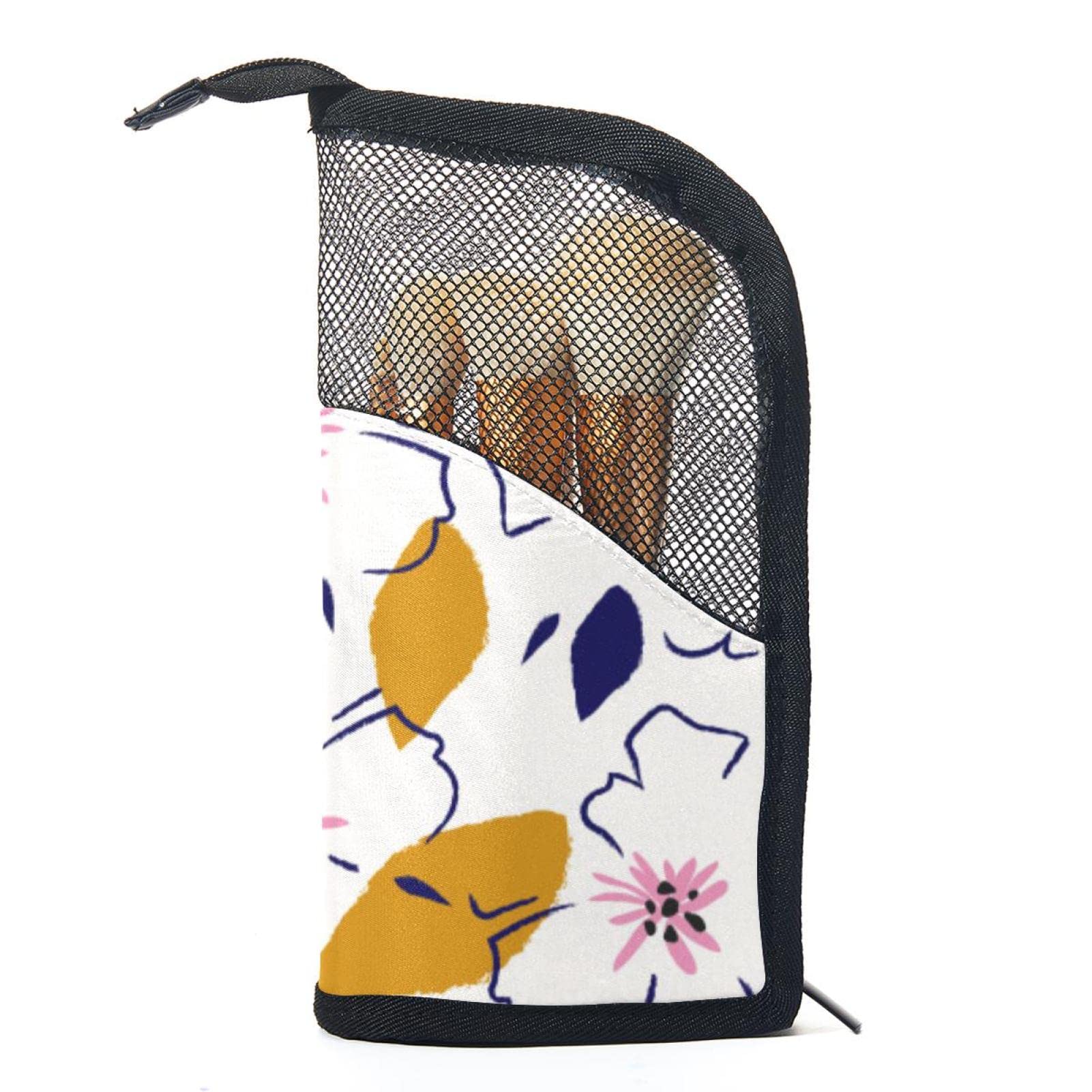 12-Piece Makeup Brush Organizer Bag with Vector Flower Pattern - Portable Cosmetic Brush Holder Case for Travel & Home Storage (Yellow)