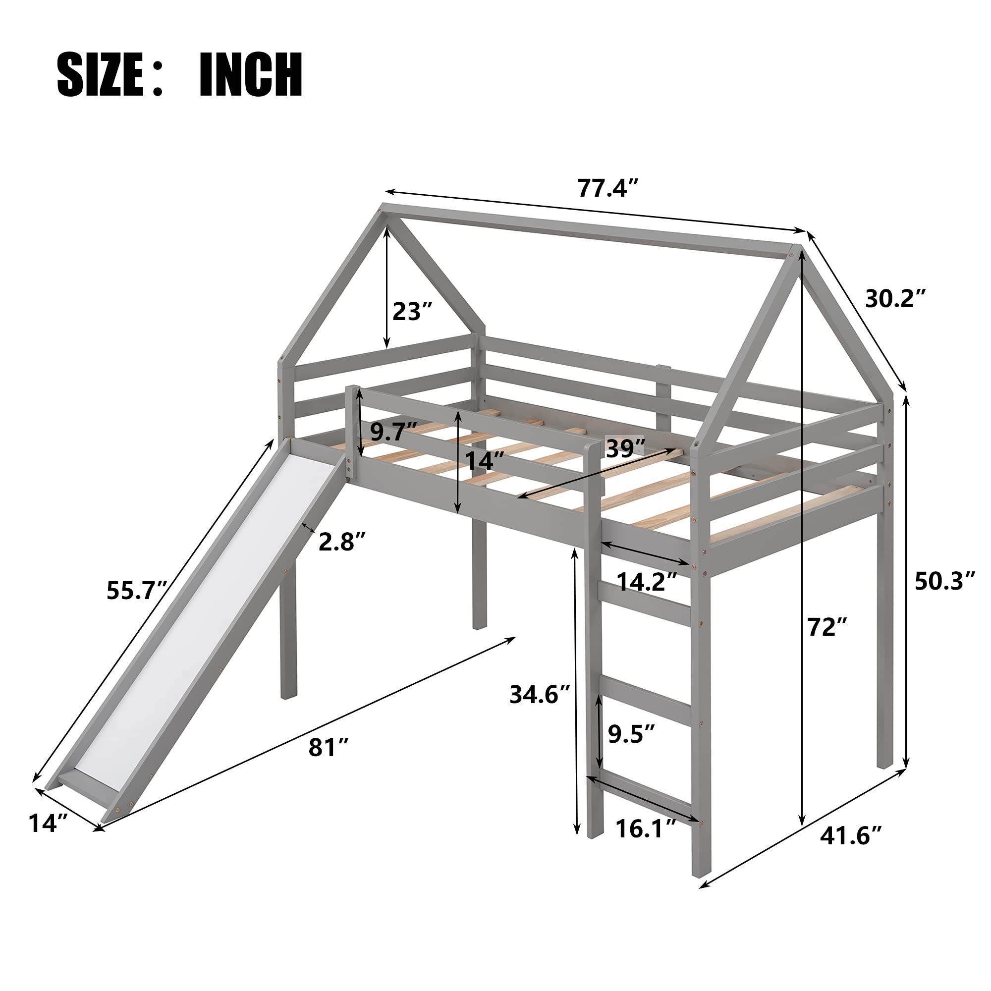 Twin Size Loft Bed with Slide - Kids House Bed with Roof & Ladder, Space-Saving Wooden Bed Frame, No Box Spring Needed (Gray) - Perfect for Small Bedrooms, Playrooms & Kids' Sleepovers