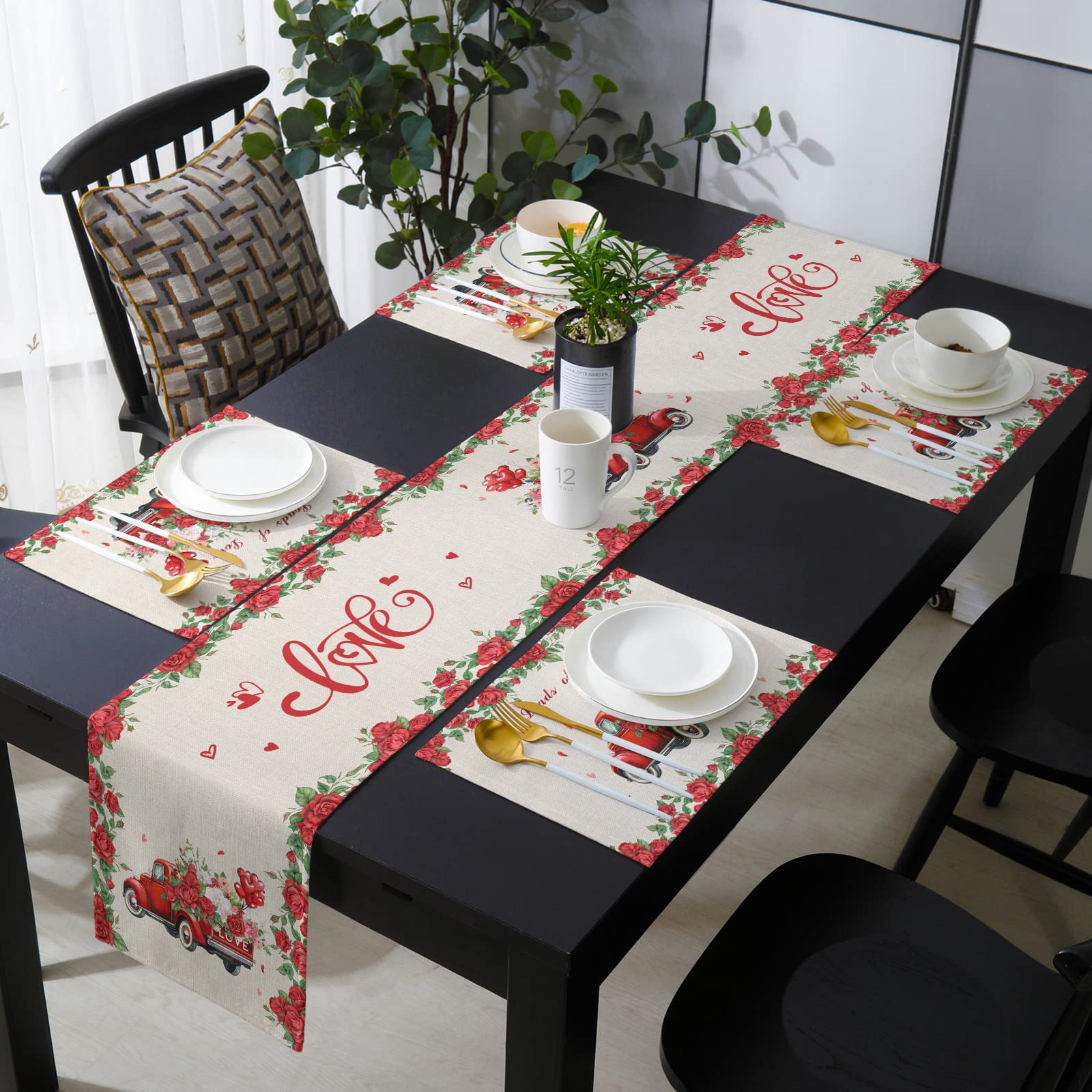 OneHoney Farmhouse Table Runner with 4 Placemats Set - Valentine's Day Rustic Floral Washable Linen Dining Table Decor for Kitchen, Party, Dresser - Perfect for Romantic Dinners, Farmhouse Weddings & Holiday Gatherings