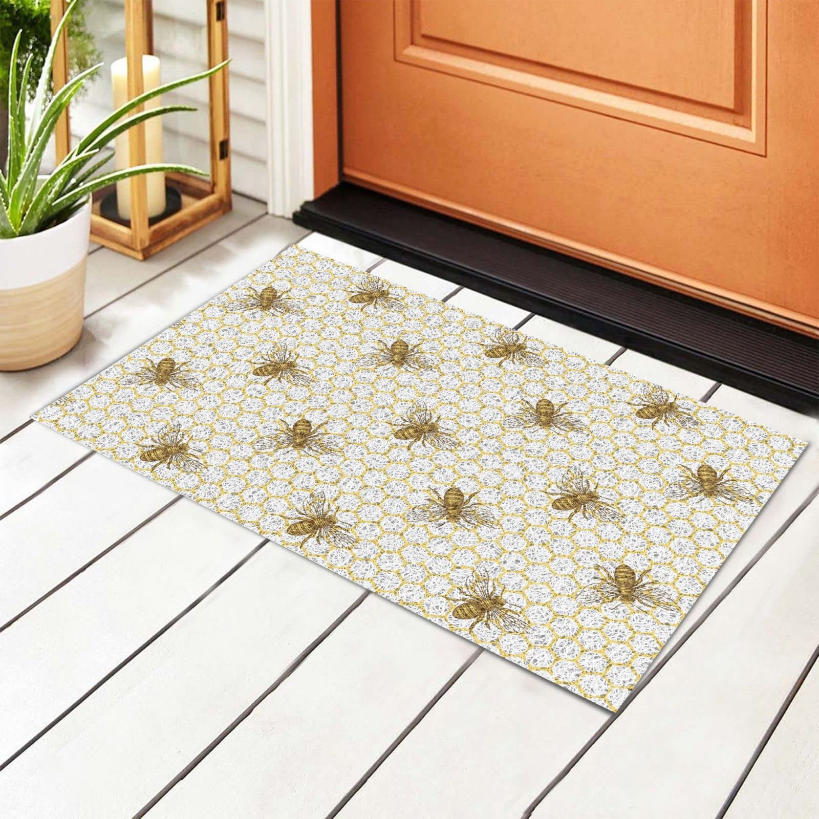 BoeHiop Bee and Honeycomb Welcome Non-Slip Absorbent Door Mat - Personalized Front Entry Rug for Indoor/Outdoor Use - Perfect for Home Decor, Porch, Patio & Front Door Welcome Mat