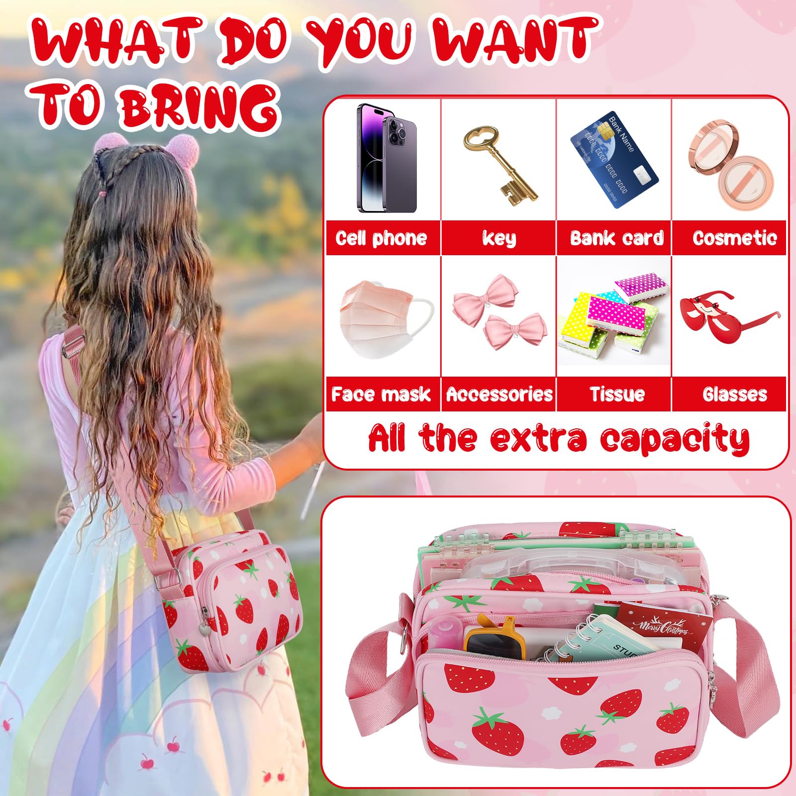 **Strawberry Crossbody Purse for Girls - Cute & Trendy Shoulder Bag for Kids, Best Birthday & Christmas Gift for 6 8 10 12 Year Old Girls - Perfect for School, Travel & Daily Use**