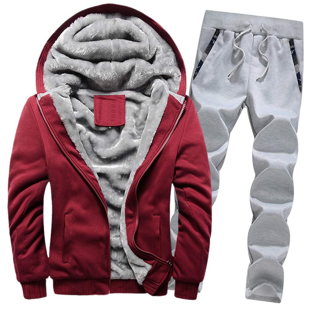 Men's Winter Fleece Hooded Zipper Jacket - Warm & Cozy Sweater Outwear Coat with Pants Set for Cold Weather | Outdoor Activities, Casual Wear, Layering