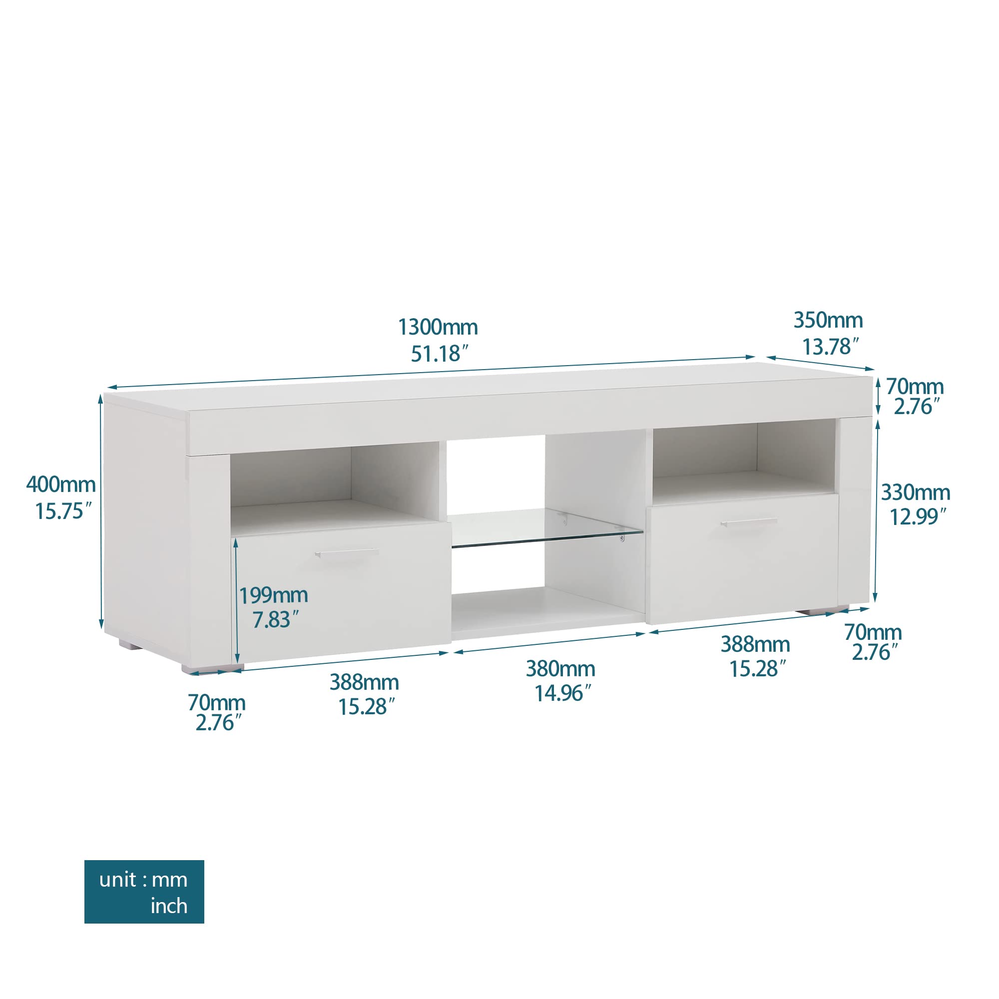 55 Inch TV Stand with LED Lights & 2 Drawers - Modern White Gloss Entertainment Center, Living Room TV Console Table for Home Theater Setup - Perfect for Gaming, Movie Nights & Family Entertainment