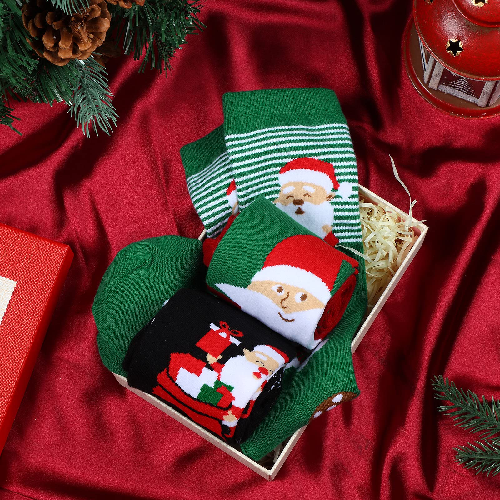 3 Pairs Fun Christmas Cotton Socks - Striped Knee High Holiday Socks for Women & Girls - Santa, Reindeer & Gingerbread Man Designs - Colorful Novelty Xmas Compression Socks - Perfect for Gifts, Parties & Festive Outfits
