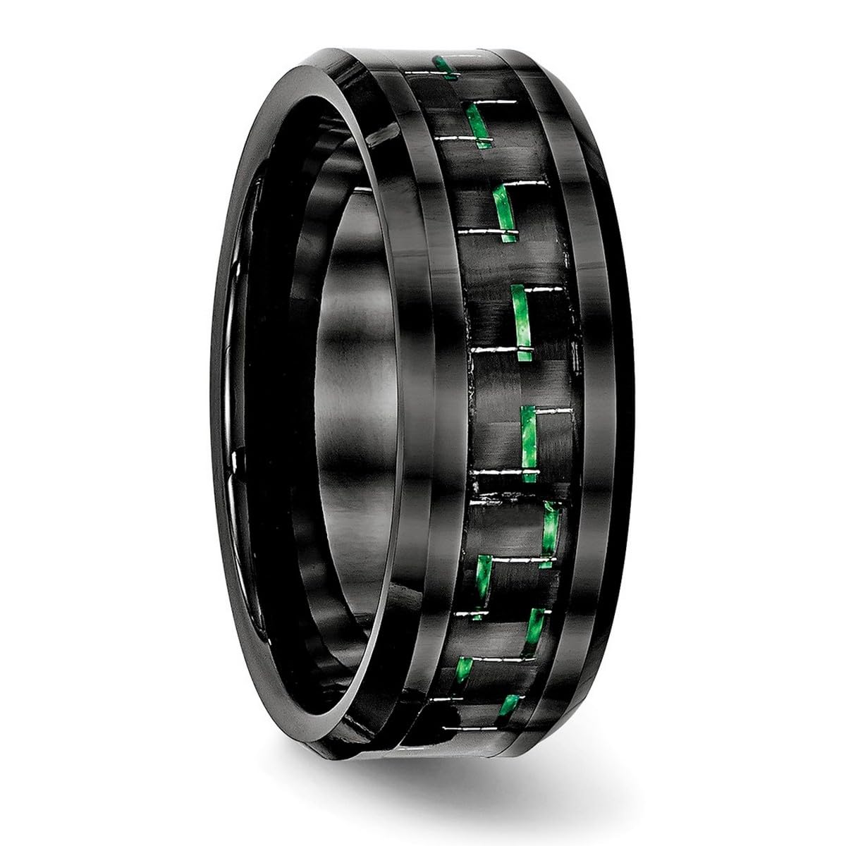 8mm Black Ceramic Ring with Green Carbon Fiber Beveled Edge - Engravable Jewelry for Women (Size 13) - Perfect for Weddings, Anniversaries & Everyday Fashion Accessories