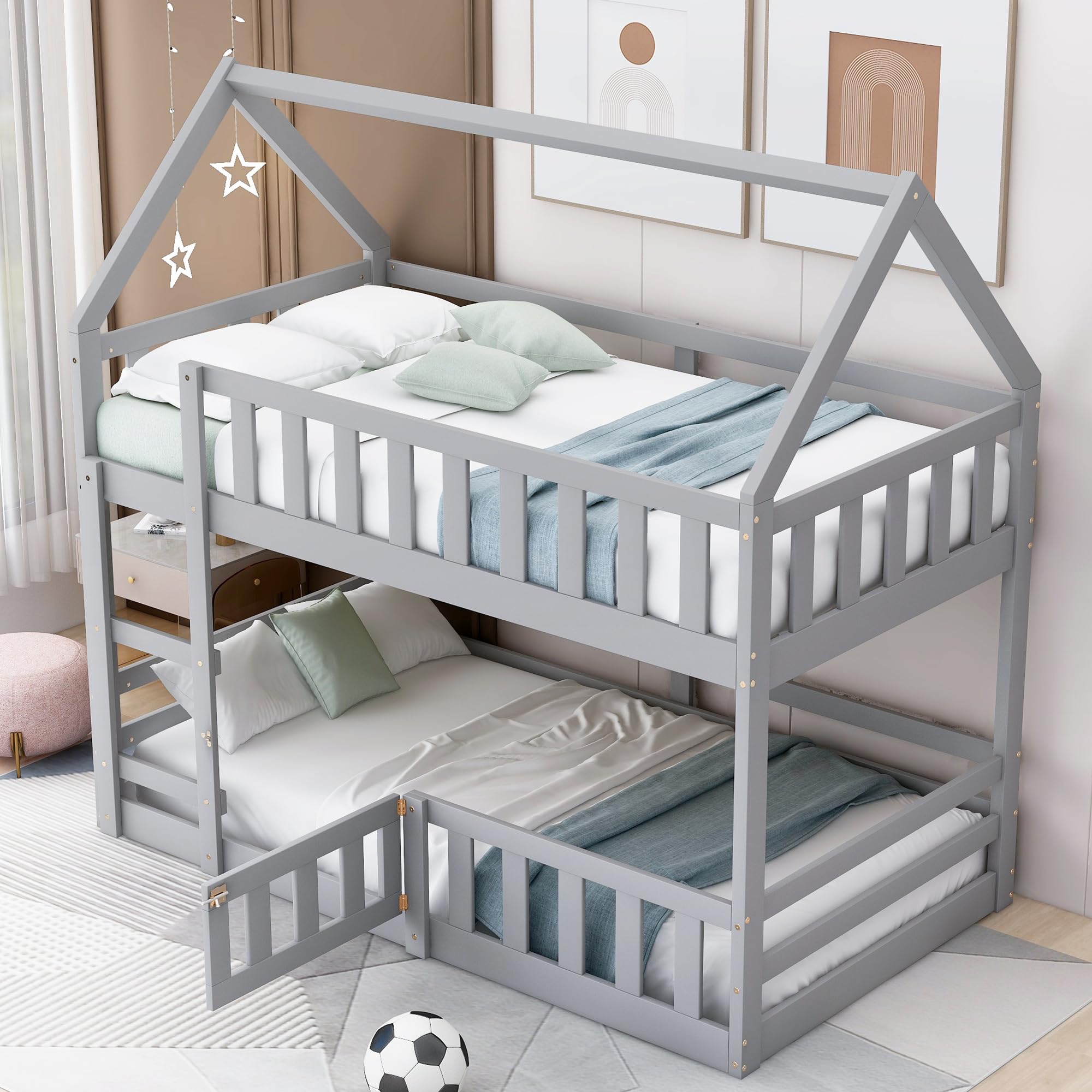SOFTSEA Twin Over Twin Kids Bunk Bed - Low Floor House Design with Safety Fence, Door & Guardrails - Sturdy Wood Frame with Ladder - No Box Spring Needed - Gray - Perfect for Kids' Bedrooms, Guest Rooms & Small Spaces