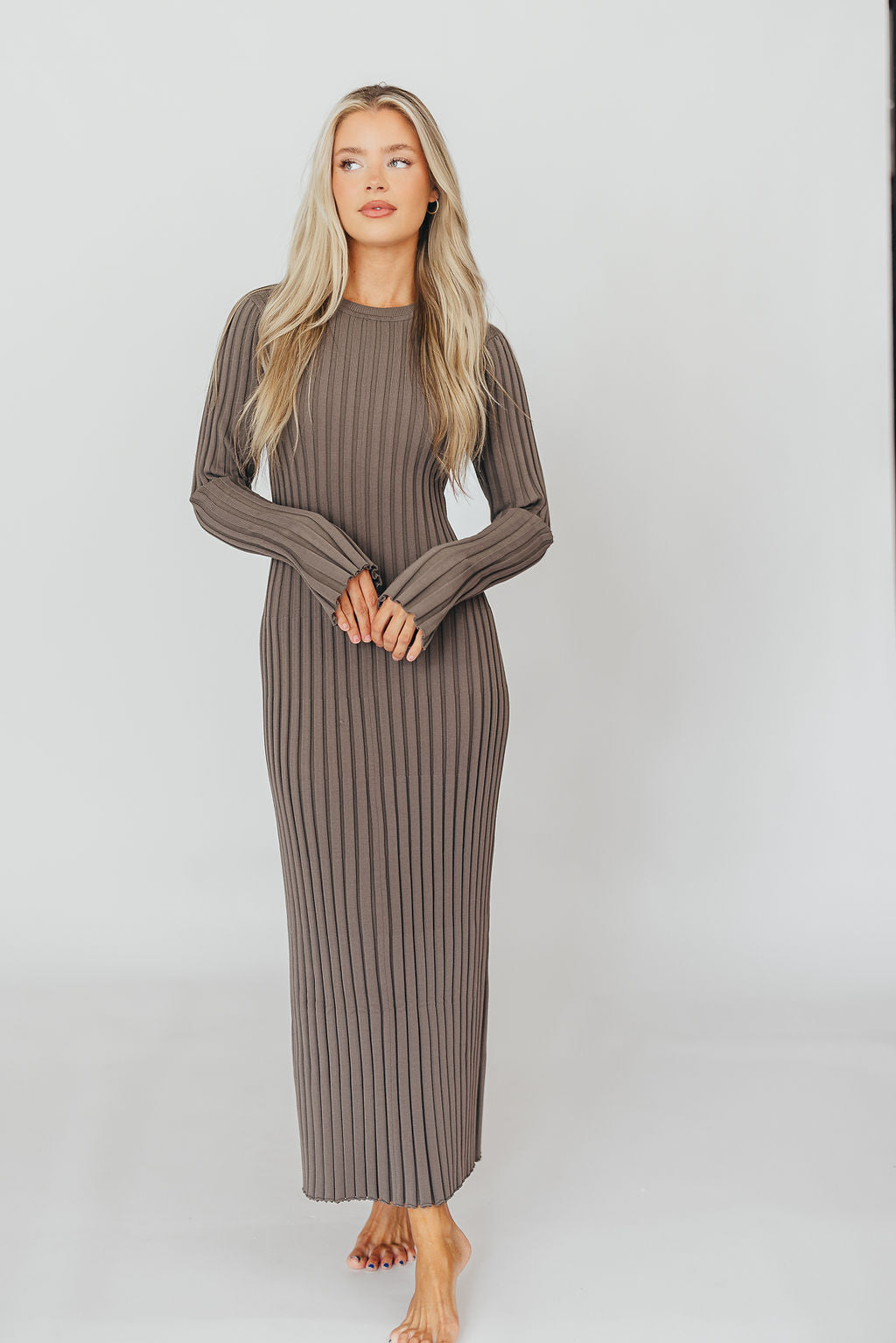 Colette Premium Long Sleeve Ribbed Knit Maxi Dress in Slate - Bump Friendly Maternity Dress for Pregnancy, Nursing & Postpartum | Perfect for Casual Wear, Date Nights & Special Occasions