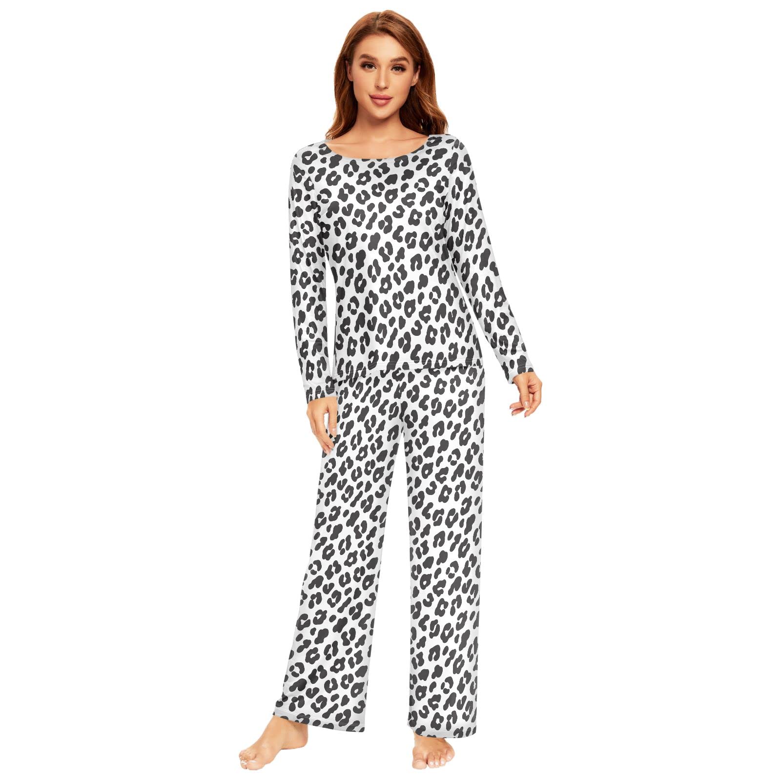 KFBE Leopard Print Women's Pajama Set - Long Sleeve Sleepwear Top & Pants Lounge Outfit | Soft Comfortable Nightwear for Women | Perfect for Sleeping, Lounging & Relaxing at Home