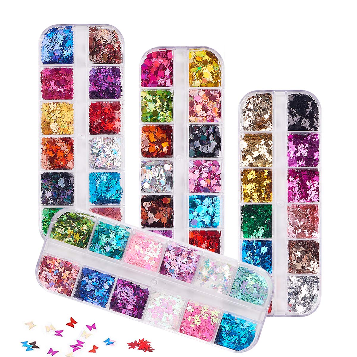 48 Boxes FITDON 3D Laser Butterfly Leaf Nail Glitter Sequins - Colorful Confetti Nail Art Flakes for DIY Manicure, Makeup & Nail Decoration | Perfect for Parties, Weddings, Salon & Home Nail Art Designs