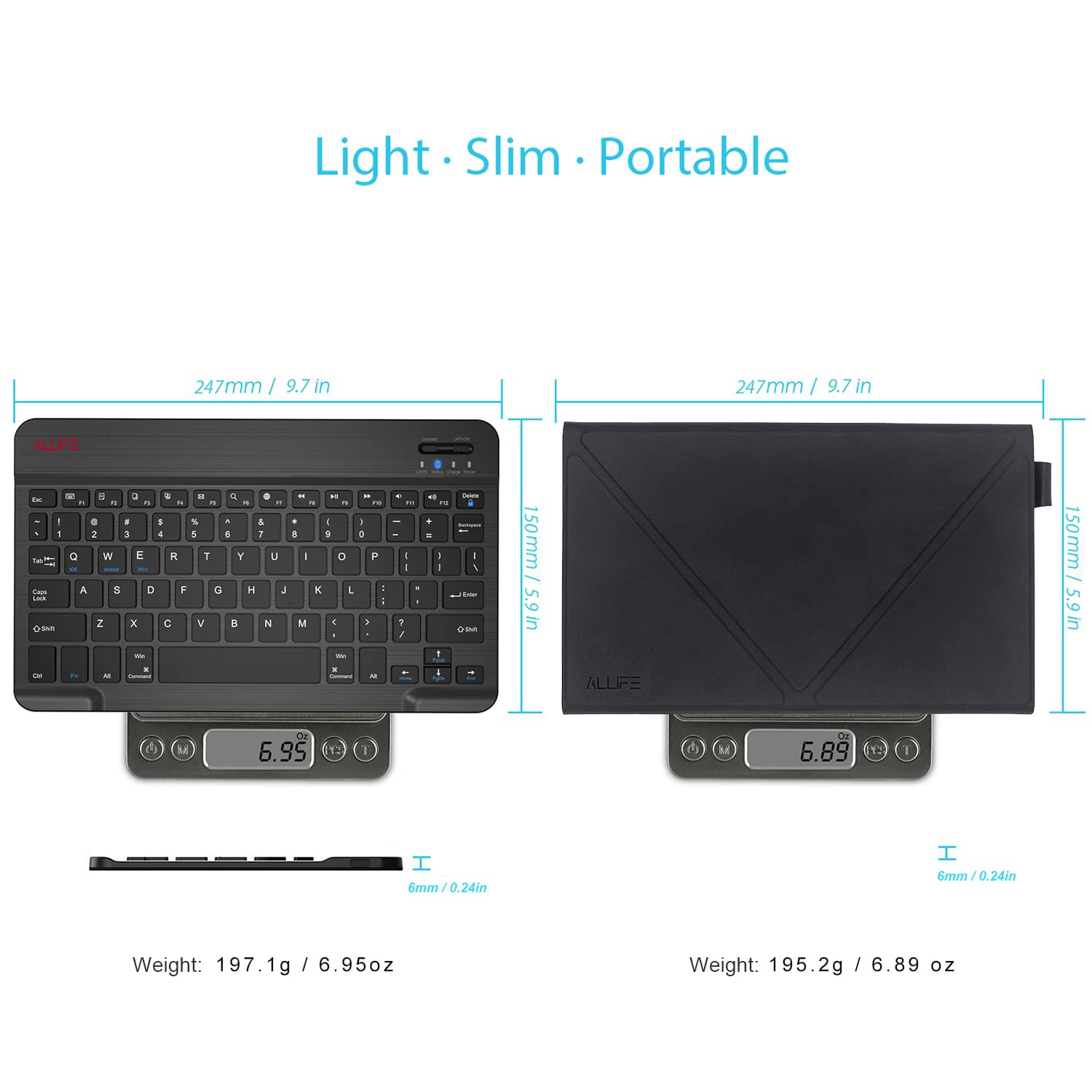 ALLIFE Universal Ultra Light Slim Portable Wireless Bluetooth 3.0 Keyboard - Compatible with iOS iPad, iPad Air, Pro, Mini, Android & Windows Tablets, PC, Smartphone - Includes Protective Case Stand - Perfect for Home Office, Travel & Remote Work