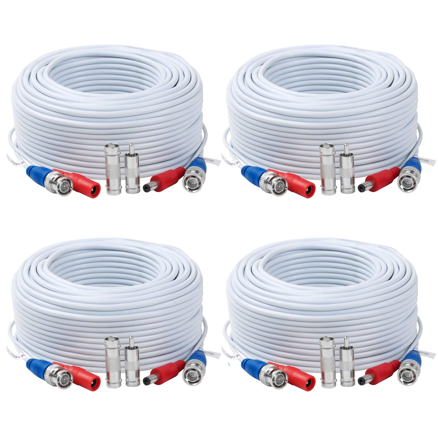 4 Pack 150 Feet BNC Video Power Cable with Connectors - High-Quality BNC Extension Wire for CCTV Security Camera & DVR Surveillance System - Perfect for Indoor/Outdoor Security Setup & Professional Monitoring