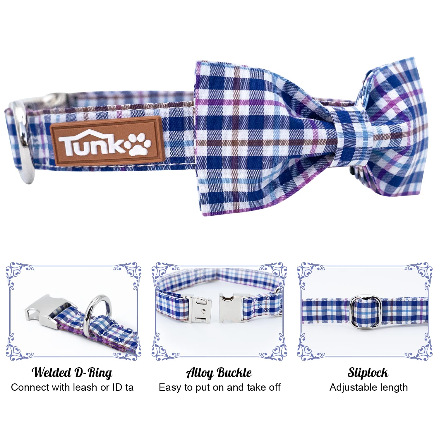 Elegant Plaid Dog Collar with Bow Tie - Soft Comfy Cotton Adjustable Pet Collar for Small Medium Large Dogs & Cats - Premium Metal Buckle for Outdoor Training, Walking & Running (Blue Grid, Small) - Perfect for Daily Walks, Pet Parties & Photo Shoots