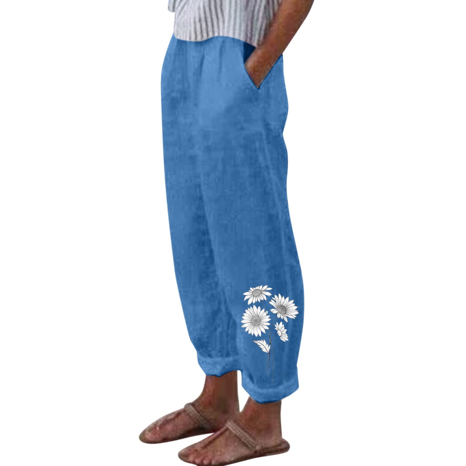 Women's Cotton Linen Wide Leg Pants - Floral Printed Casual Summer Cropped Pants with Elastic Waist & Pockets | Boho Chic Style for Beach, Vacation & Everyday Wear