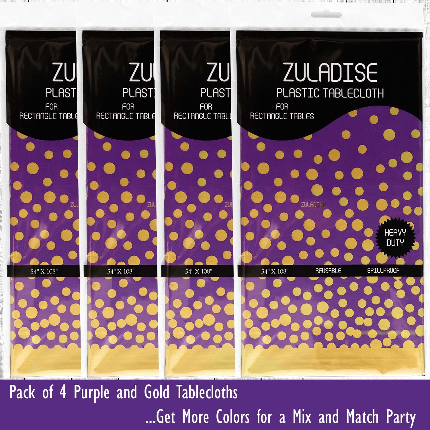 4 Pack Premium Purple & Gold Disposable Tablecloths - 8ft Reusable Plastic Table Cover for Graduation, Birthday Parties, Weddings - Perfect for Rectangle Tables, Banquets & Special Events