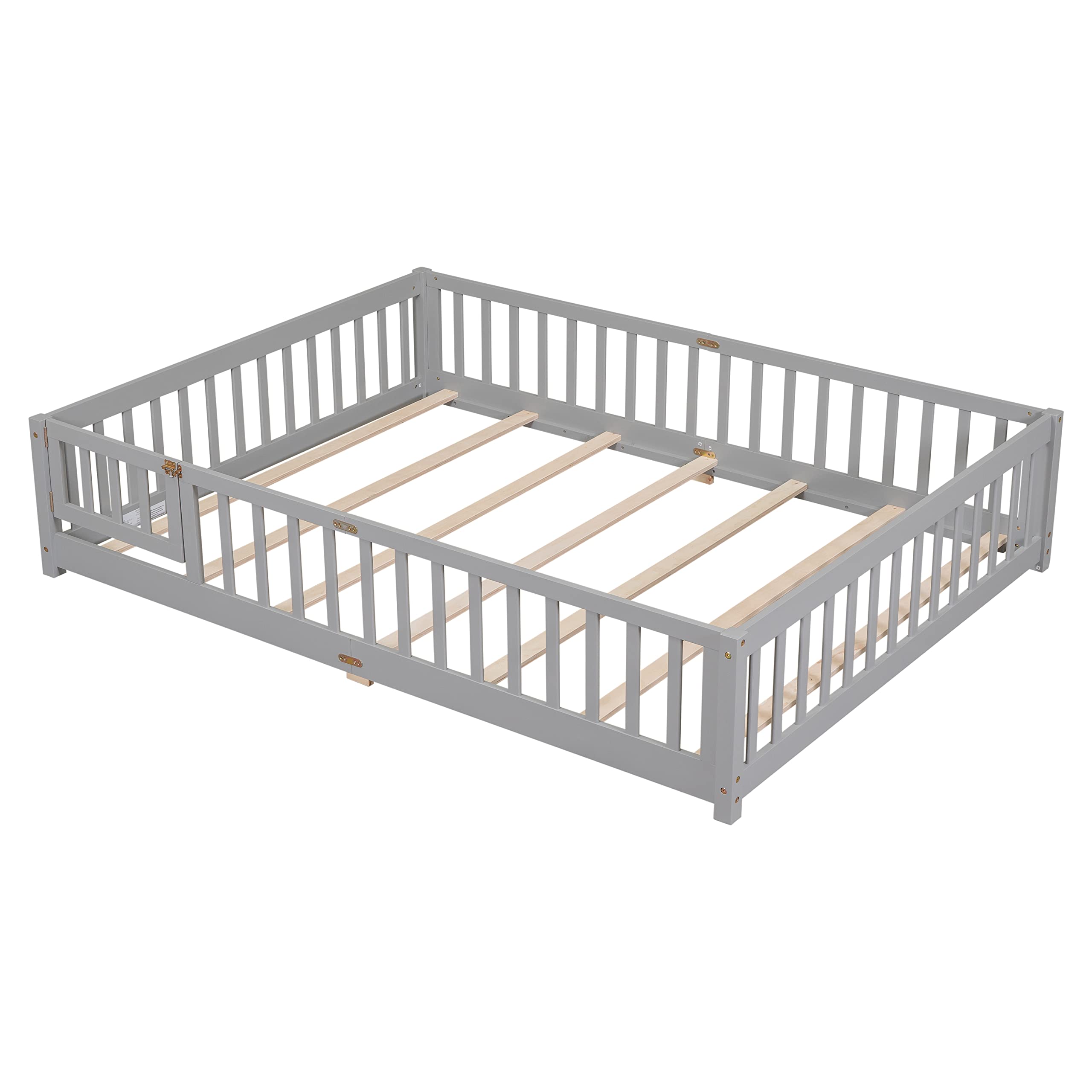 Queen Size Gray Wooden Floor Bed Frame with Safety Fence & 7 Slats - Sturdy Kids Bed for Toddler Room, Nursery, or Playroom - Low Profile Platform Bed with Guardrails for Child Safety