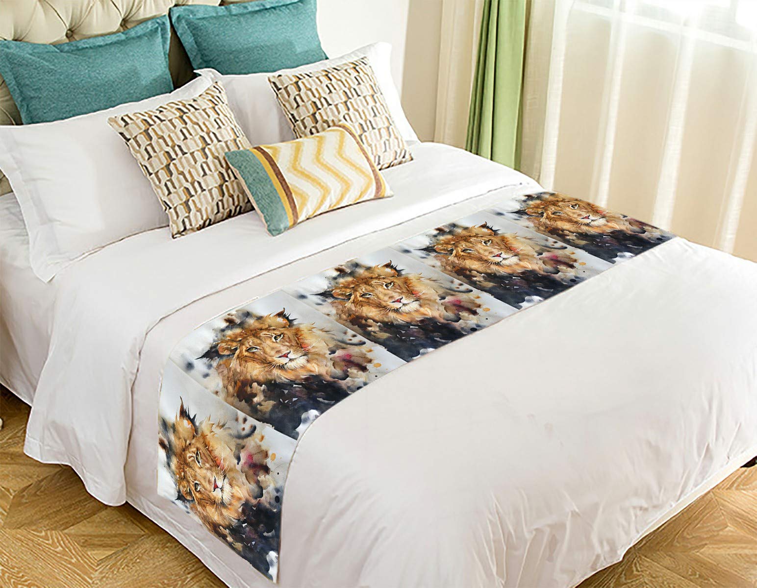 Premium Watercolor Lion Bed Runner - 20x95 Inch Elegant Bed Scarf for King/Queen Size Beds - Soft Bed Decor for Master Bedroom, Guest Room & Luxury Hotel Decorations
