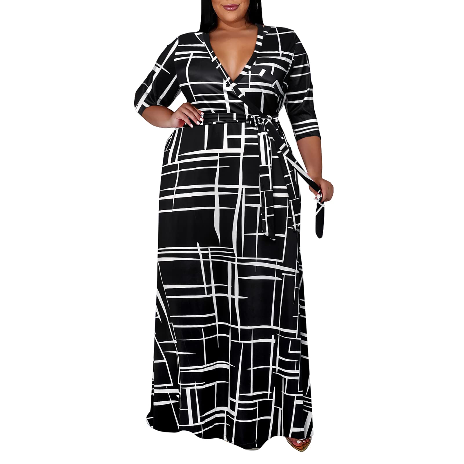 **Runwind Plus Size Floral Maxi Dress for Women - Flowy 3/4 Sleeve with Belt - Elegant Summer Beach & Wedding Guest Outfit**