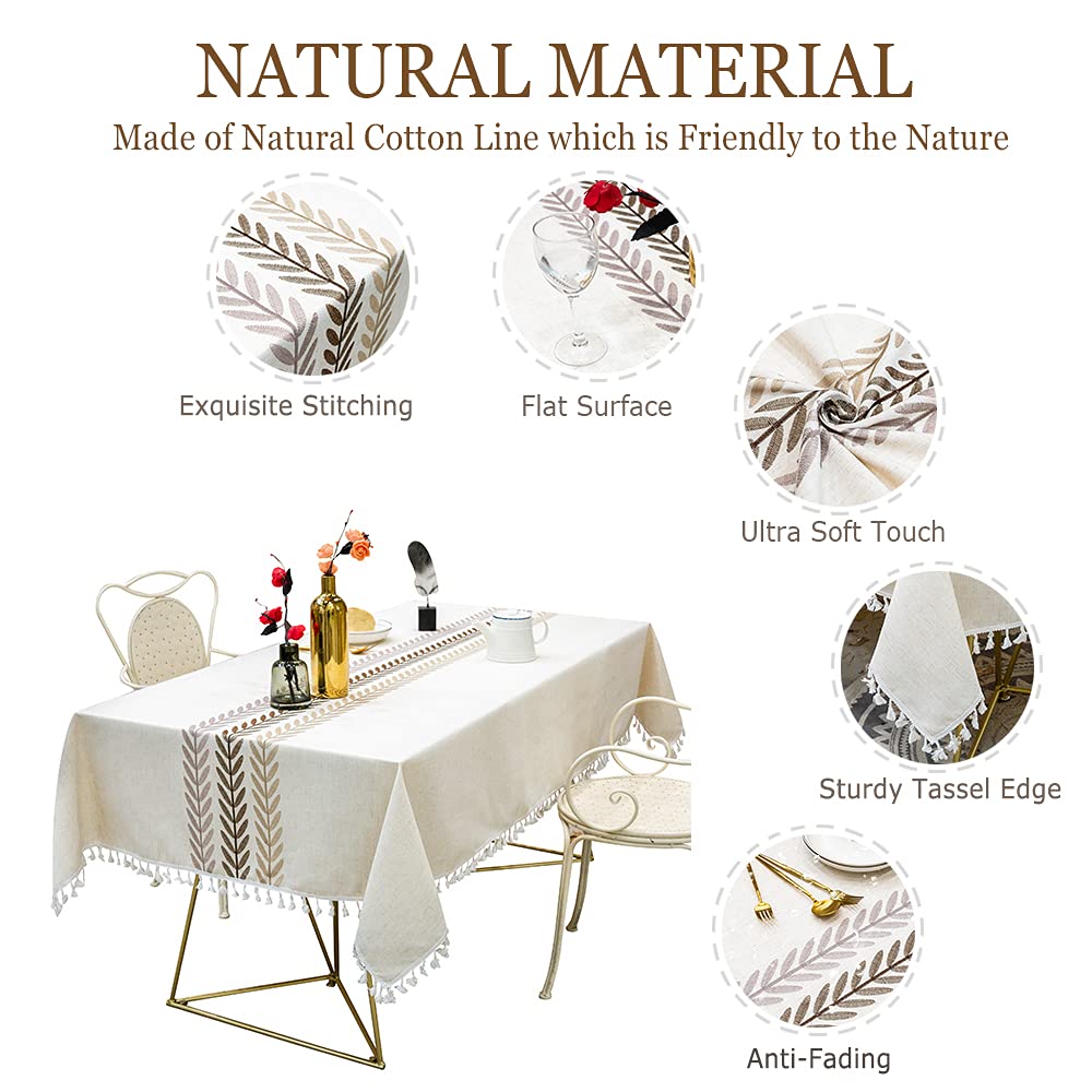 Farmhouse Cotton Linen Tablecloth 55x120 Inches - Wrinkle Free Rectangle Table Cover for Dining Room, Kitchen & Outdoor Use - Ivory Fall Table Decor for 10-12 Seats - Perfect for Thanksgiving, Christmas Dinner & Special Occasions